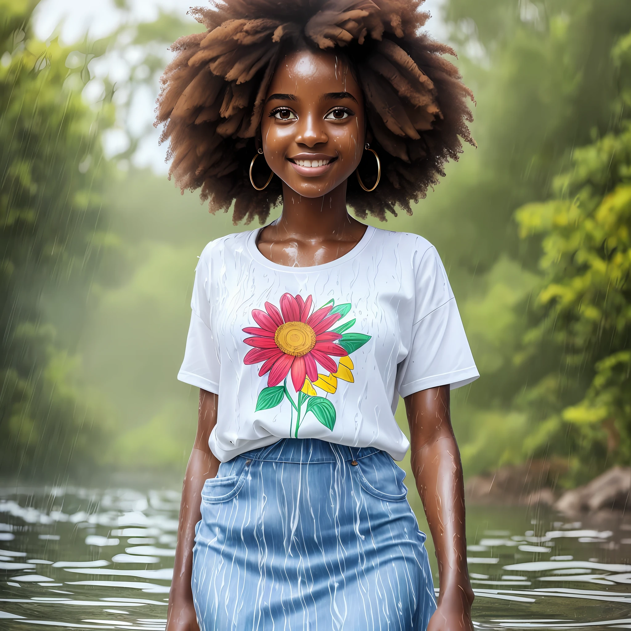 1 afro-african girl with a flower in her hair, ((((wet)))), curly hair, clean photo, messy hair in the wind, dressed in jeans and t-shirt, walking, full body, breathtaking rendering, (tanned skin), colorful long dress, detailed facial features, symmetrical face, headset, in front of a lake, soft smile, realistic cartoon, (big sweet eyes), angelic purity, brilliant used artist, Like a Pixar character, exceptionally unique beauty, dark skin tone, Hi Mark (Akwaaba Tommy) --AR 2:3 --auto --s2