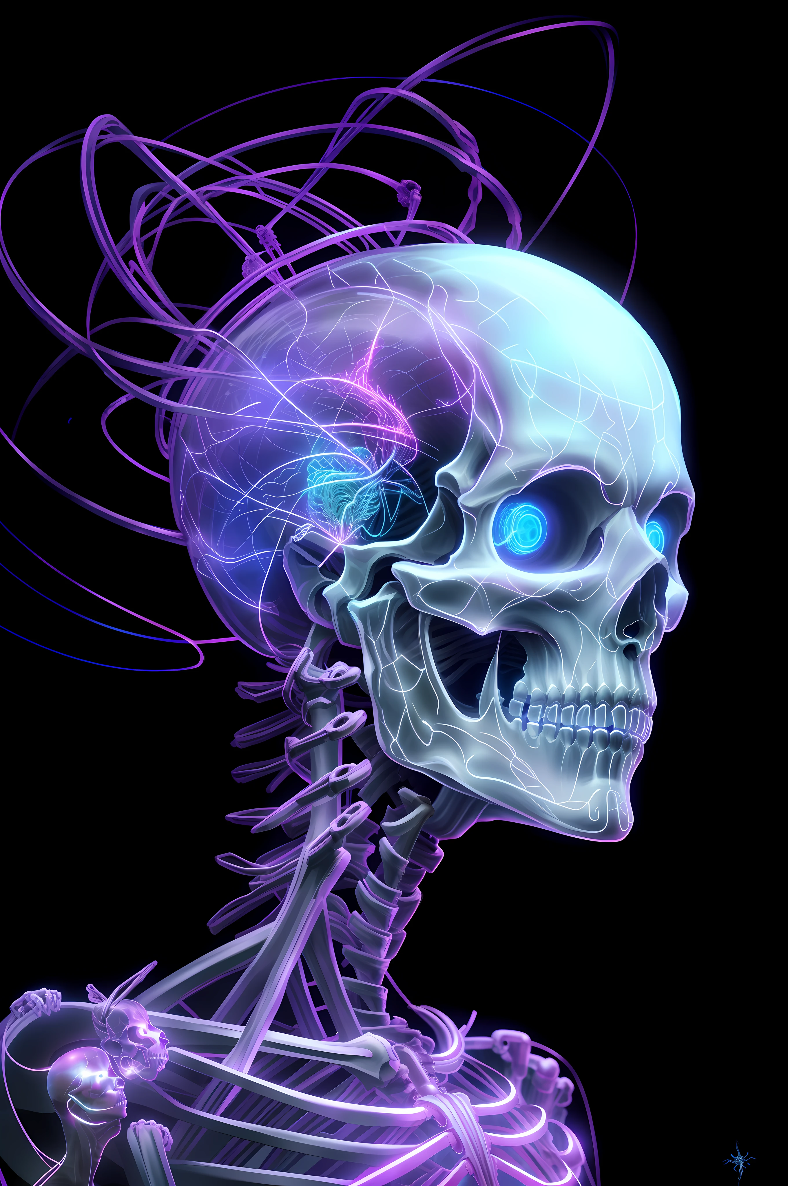 Fliagree arafed skeleton with a glowing head and neck and a glowing brain, portrait of a cyber skeleton, intricate transhuman, cyberpunk skeleton, cyber skeleton, neon cybernetic implants, detailed glowing head, highly detailed cybernetic body, wires cybernetic implants, fractal biomech, aetherpunk airbrush digital art, overdetailed digital art