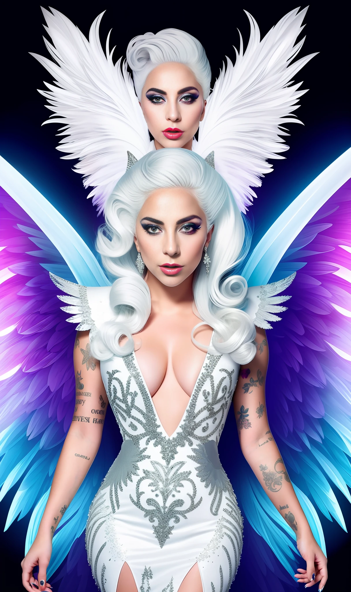 Lady Gaga Photo, 4K Texture, Angel Wings Print Dress, Extravagant White Hair, 8k Picture, Haute Couture, Flashes, High Image Quality, Neon Dress, Realistic Face, Various Body Poses, Full Body, 8k Image, Sharp Image,HD