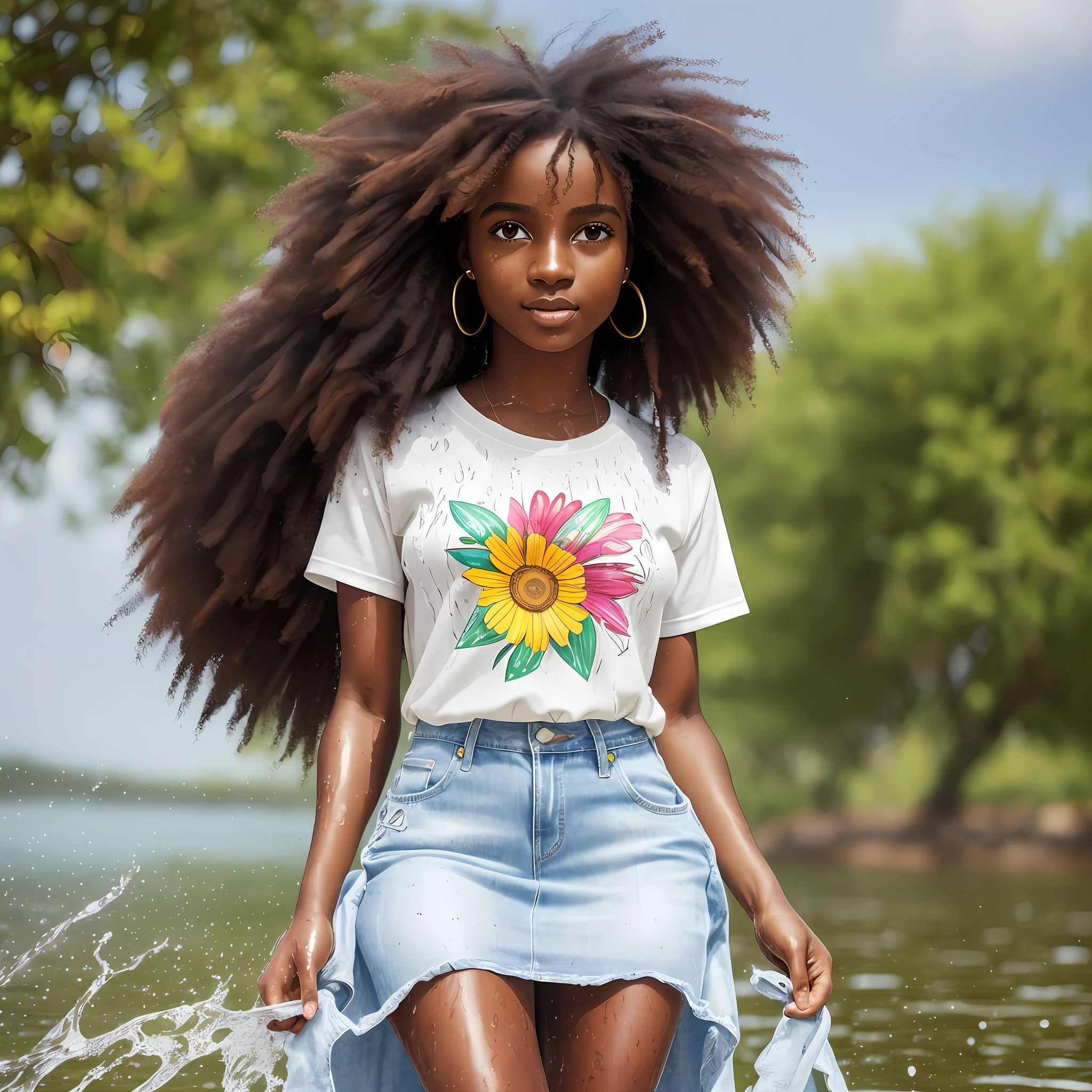 1 afro-african girl with a flower in her hair, ((((wet)))), curly hair, clean photo, messy hair in the wind, dressed in jeans and t-shirt, walking, full body, breathtaking rendering, (tanned skin), colorful long dress, detailed facial features, symmetrical face, headset, in front of a lake, soft smile, realistic cartoon, (big sweet eyes), angelic purity, brilliant used artist, Like a Pixar character, exceptionally unique beauty, dark skin tone, Hi Mark (Akwaaba Tommy) --AR 2:3 --auto --s2