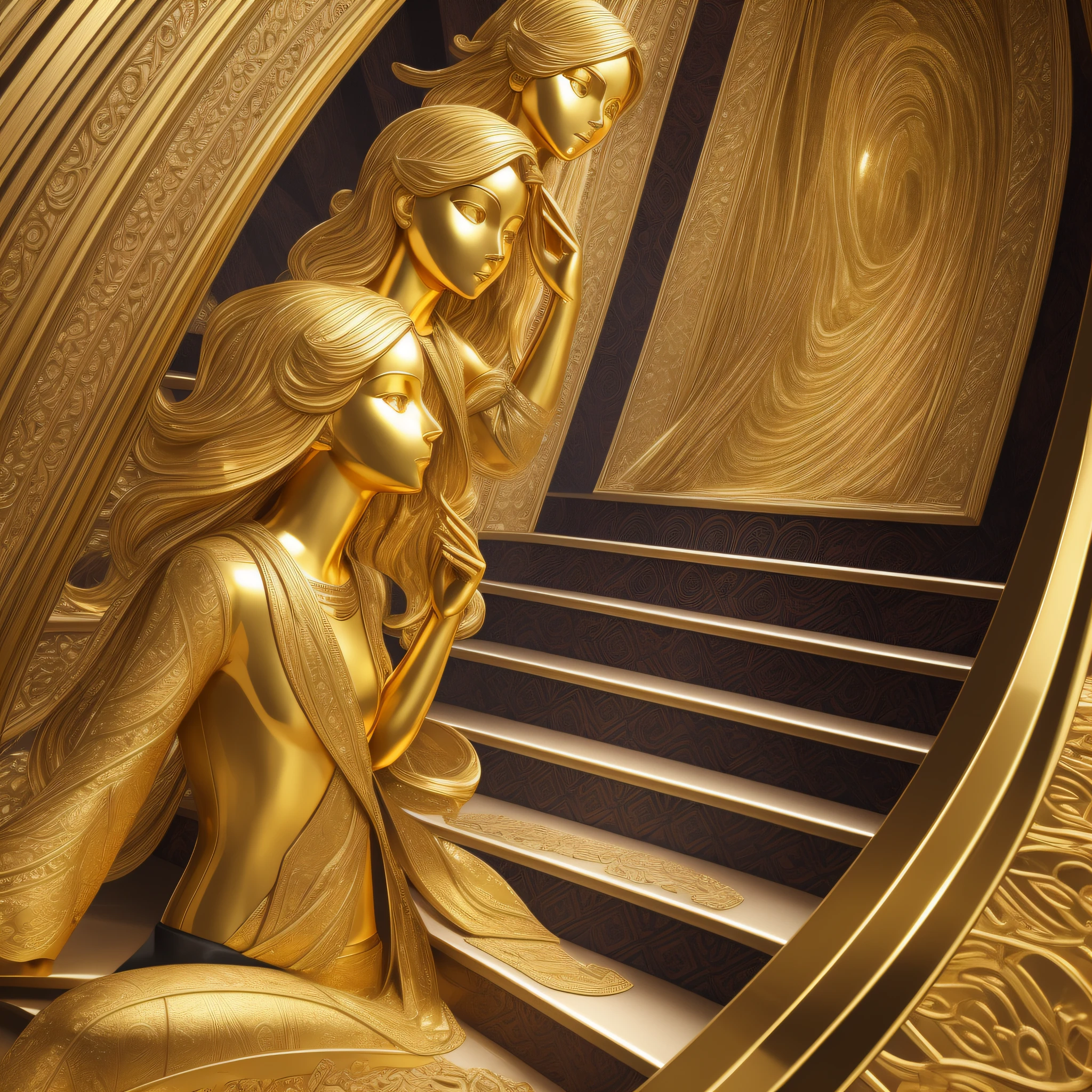 Create a 3D image with golden tones that represents the intersection between the psychology of wealth, money, evolution, achievement, and emotion. Use symbolic elements such as banknotes, brains, ascending stairs, and expressive emotions to convey the complexity and connection between these concepts. The image should be vibrant, impactful, and able to evoke curiosity and fascination in viewers, inviting them to explore the relationship between the human mind and the pursuit of prosperity.