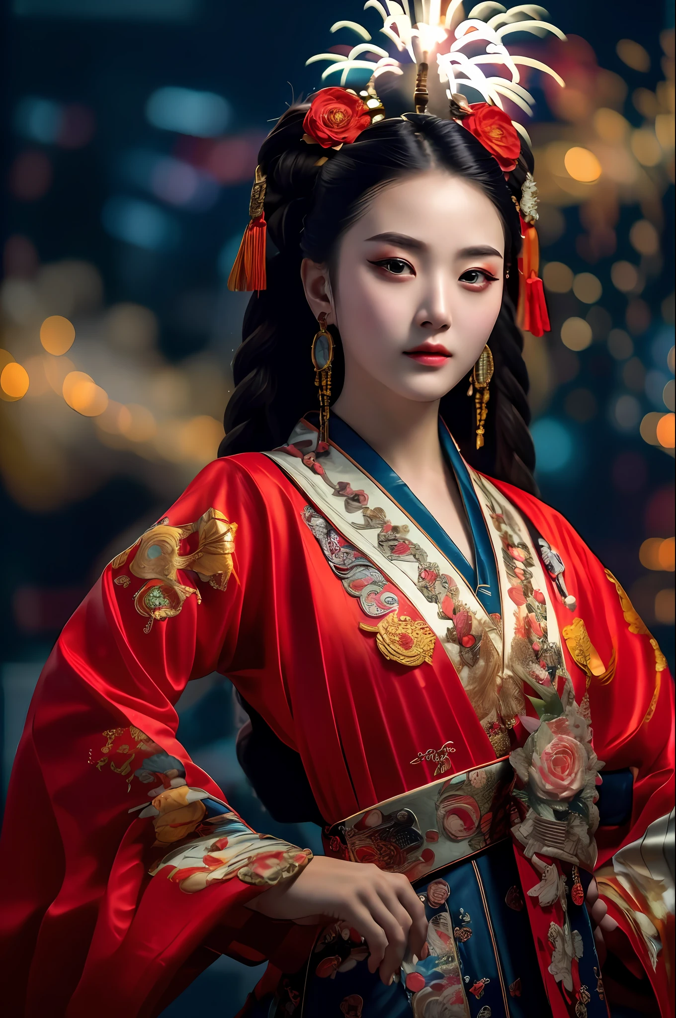 masterpiece,(best quality:1.3),ultra high res,raw photo,detailed skin,beautiful lighting,(realistic, photo-realistic:1.4),
1girl,guofeng,full body,(Fireworks background:1.2),Professional stage light,