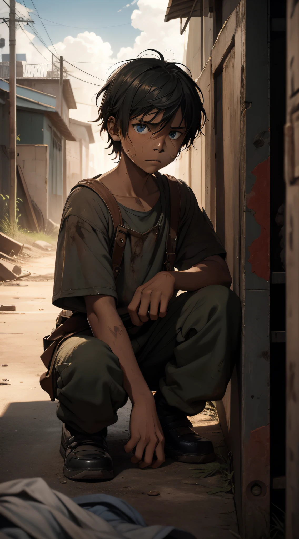 Finn, orphan, devastated streets, food, shelter, lean, dirty body, marks, harsh reality, scorching sun, toxic clouds, chastened skin, tired look, life of deprivation.