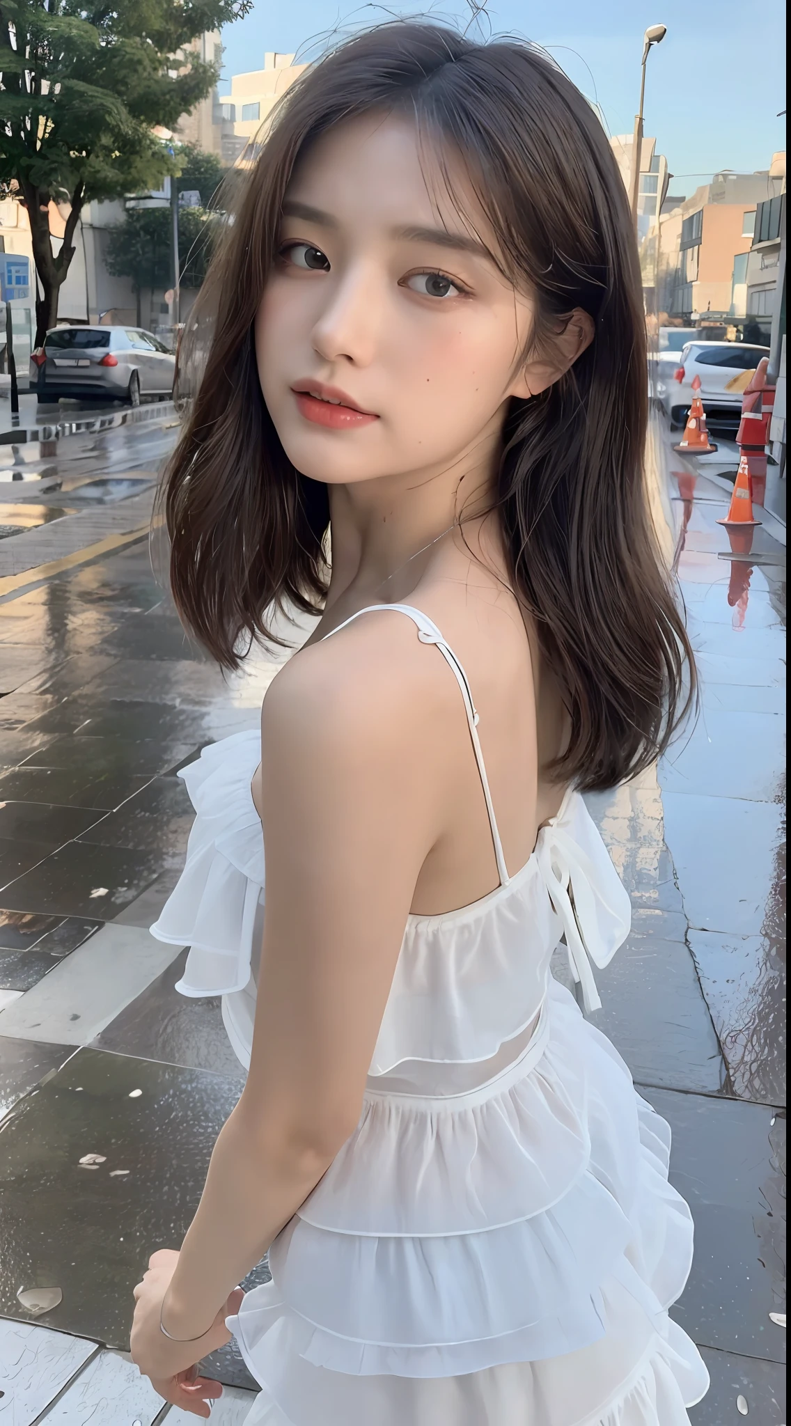 ((Best Quality, 8K, Masterpiece:1.3)), Focus:1.2, Perfect Body Beauty:1.4, Buttocks:1.2, (Layered Haircut:1.2)), (Rain, Street:1.3), Bandeau Dress:1.1, Highly Detailed Face and Skin Texture, Delicate Eyes, Double Eyelids, Whitened Skin, Long Hair, (Round Face: 1.5)