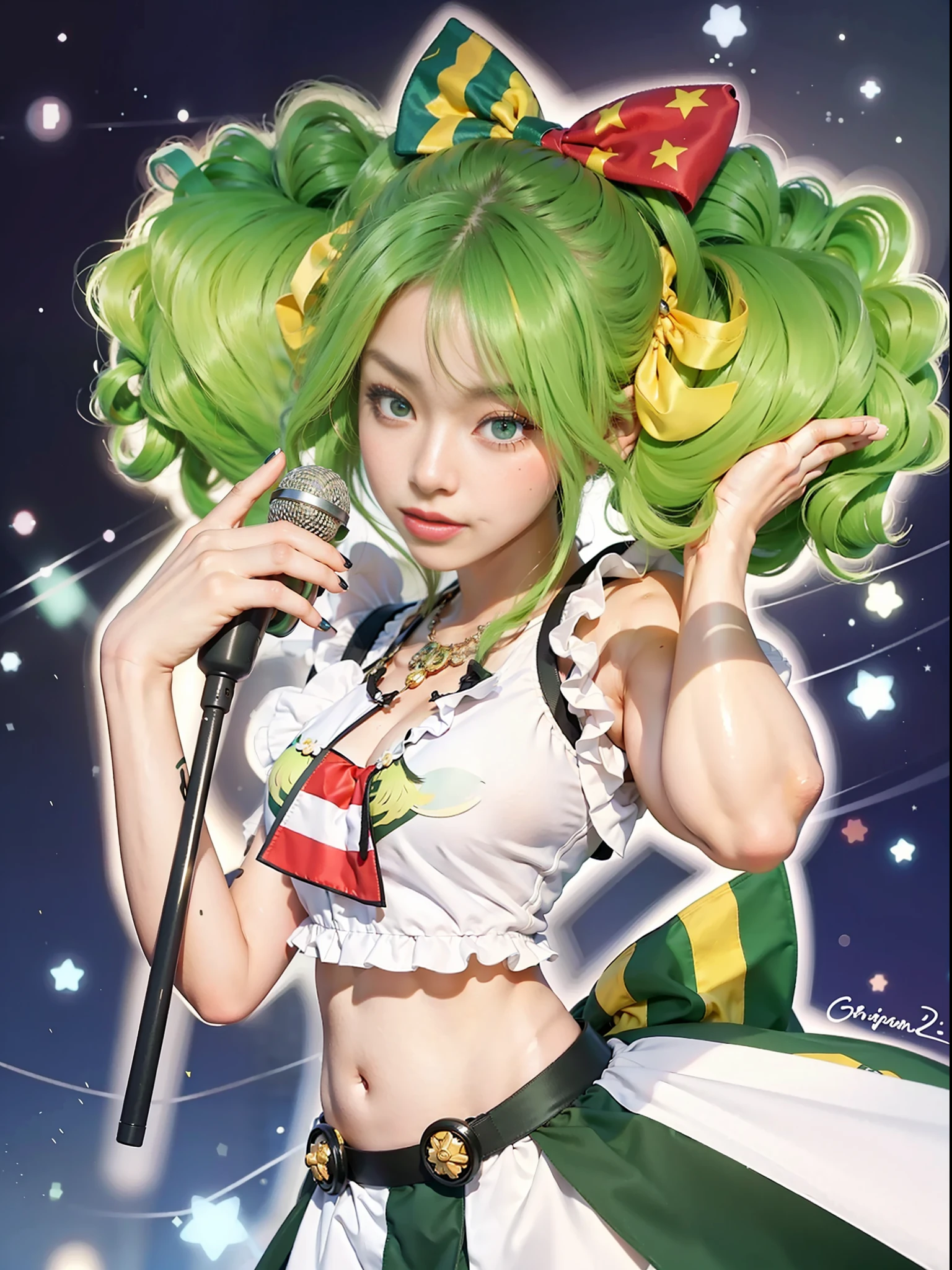 (female:1.2) (bodybuilder:0.8), hyper realistic, masterpiece, photorealistic, real skin, detailed face, detailed skin, detailed lighting, 1girl, (green eyes), wink, long hair, curly hair, green hair, (yellow gradient hair) , half hair, multiple colour hair, hair bow, large breasts, midriff, navel, smile, skirt, frills, holding microphone, necktie, solo