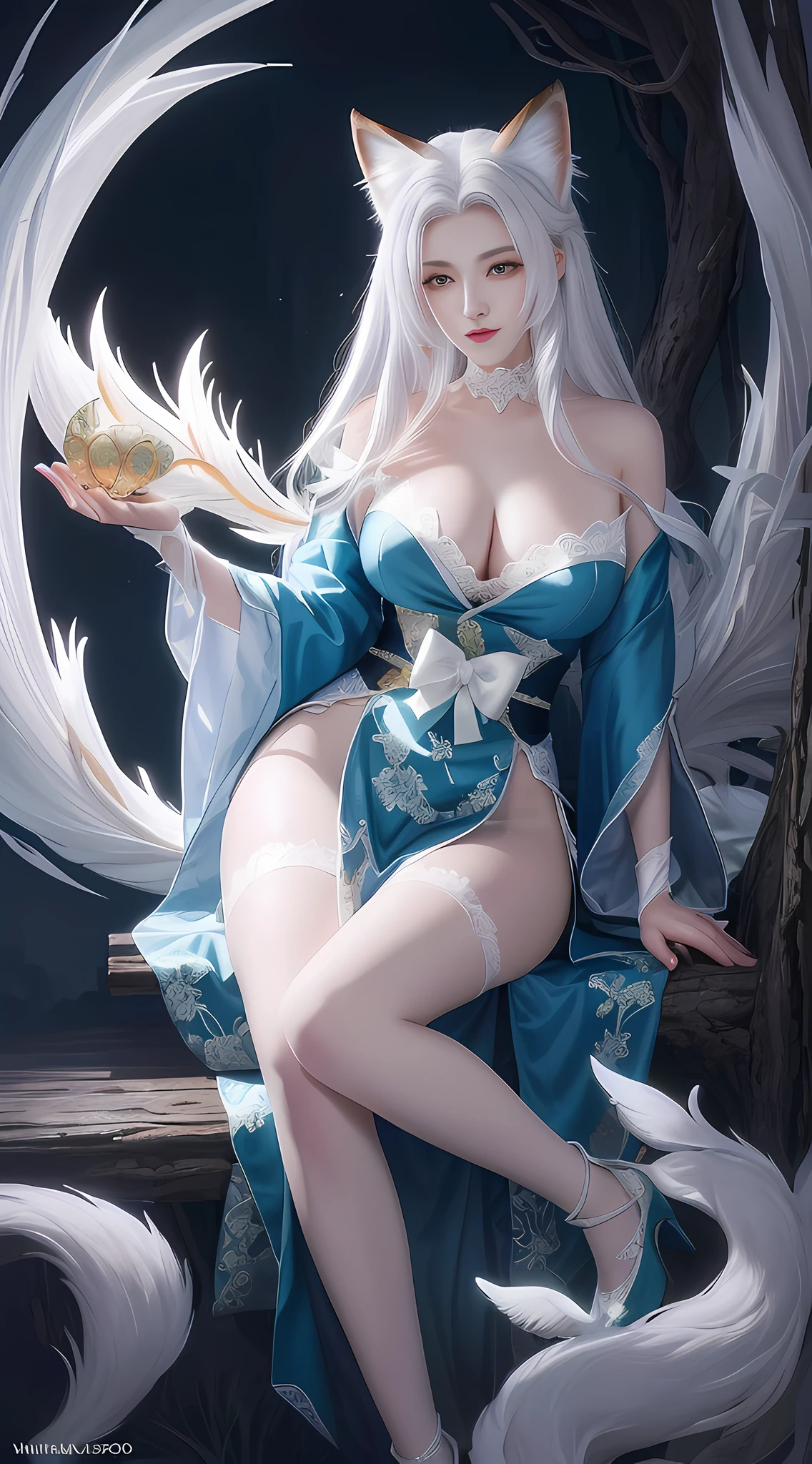 To, masterpiece, beautiful details, colorful, exquisite details, delicate lips, complex details, real a girl with white hair fox sitting on a branch: 1.1, big tits, sexy, seductive, ethereal fox, nine-tailed fox, fox three-tailed fox, Onmyoji detailed art, nine tails, beautiful artwork illustration, mythical creatures, foxes, beautiful digital artwork, exquisite digital illustrations, mizutsune, inspired by mythical creature wildnet, digital art on pixiv, bright light, high contrast, horror movie theme, dark atmosphere