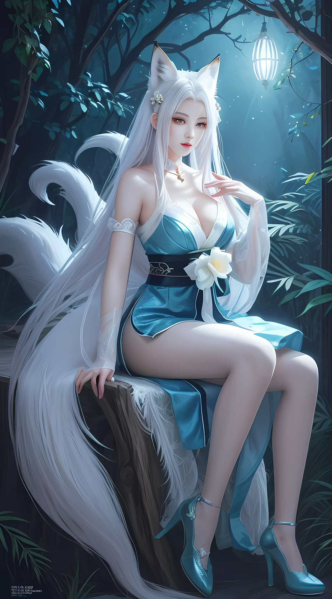 To, masterpiece, beautiful details, colorful, exquisite details, delicate lips, complex details, real a girl with white hair fox sitting on a branch: 1.1, big tits, sexy, seductive, ethereal fox, nine-tailed fox, fox three-tailed fox, Onmyoji detailed art, nine tails, beautiful artwork illustration, mythical creatures, foxes, beautiful digital artwork, exquisite digital illustrations, mizutsune, inspired by mythical creature wildnet, digital art on pixiv, bright light, high contrast, horror movie theme, dark atmosphere