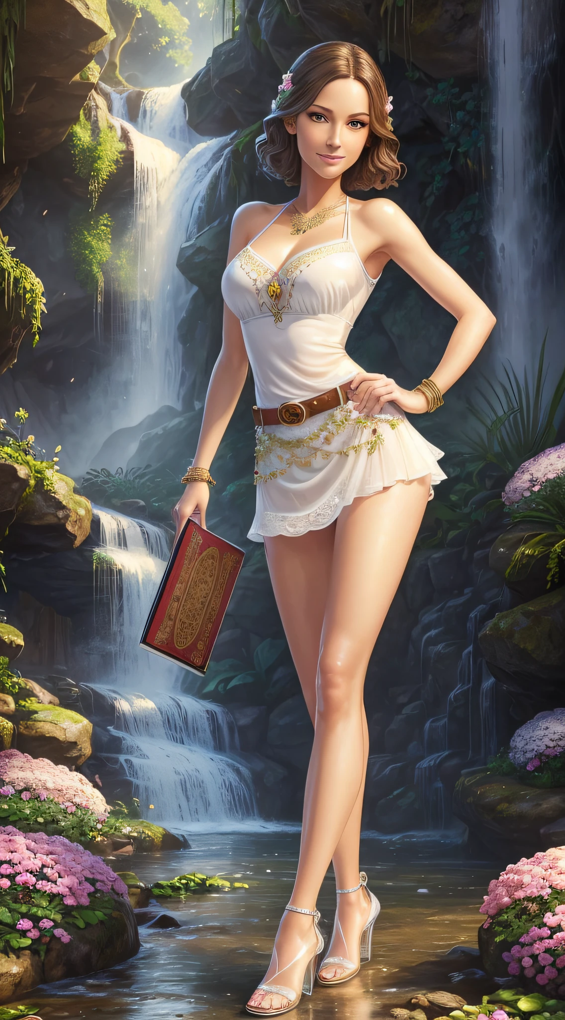 ((realistic:1.1)),((best quality)), ((masterpiece)),((detailed)), (1girl), a beautiful 27 year old female (half body:1.1), face focus, toned muscles, long legs, slim thighs, narrow hips, green eyes, tiny breasts, (detailed face, sultry smile, beautiful eyes, detailed clothes, clear background:1.5), (Normal skin, short hair, outlined eyes, outlined face, bracelet, Full body), wearing summer clothes, heels, belt, posing, detailed garden background, books, flowers, waterfall, soft lighting, best shadow, soft details, perfect composition, Intricate, Sharp focus, dramatic