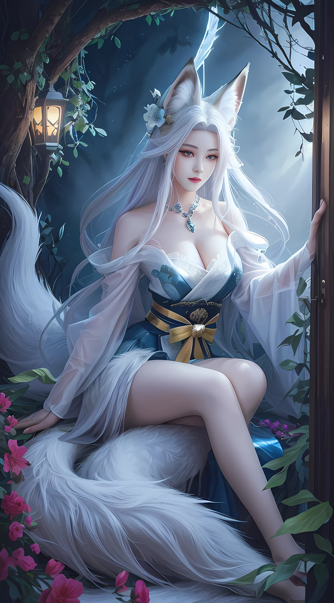 To, masterpiece, beautiful details, colorful, delicate details, delicate lips, complex details, real, ultra-realistic, a girl with white hair fox sitting on a branch: 1.1, big tits, sexy, seductive, ethereal fox, nine-tailed fox, fox three-tailed fox, Onmyoji detailed art, nine tails, beautiful artwork illustration, mythical creatures, foxes, beautiful digital artwork, exquisite digital illustration, mizutsune, inspired by mythical creatures wildnet, pixiv On digital art, bright light, high contrast, horror movie theme, dark atmosphere