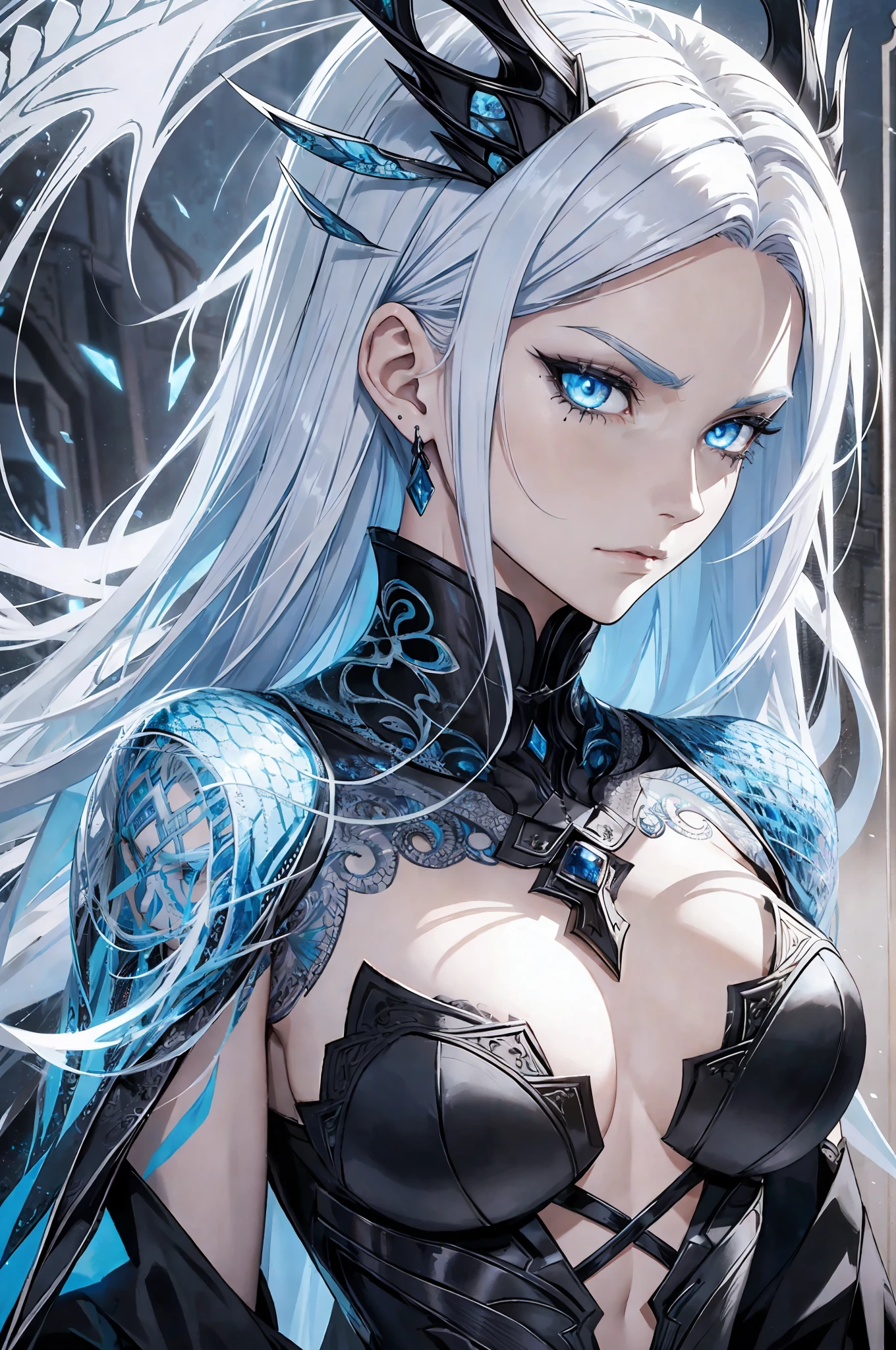 Tall woman with white hair, light blue skin with dragon scales, intricately decorated cloak, black bone texture, dark, noble, evil, curse tattoo on chest, blue scales on thighs, Western Dragon, Lightning Dragon, Blue, Elegant, Amber Eyes, Platinum Hair, Closeup Portrait, Goddess Skull, (White Curly Hair Tornado: 1.2), Rough Brush, HD Anime Wallpaper, 8k Resolution, --auto --s2