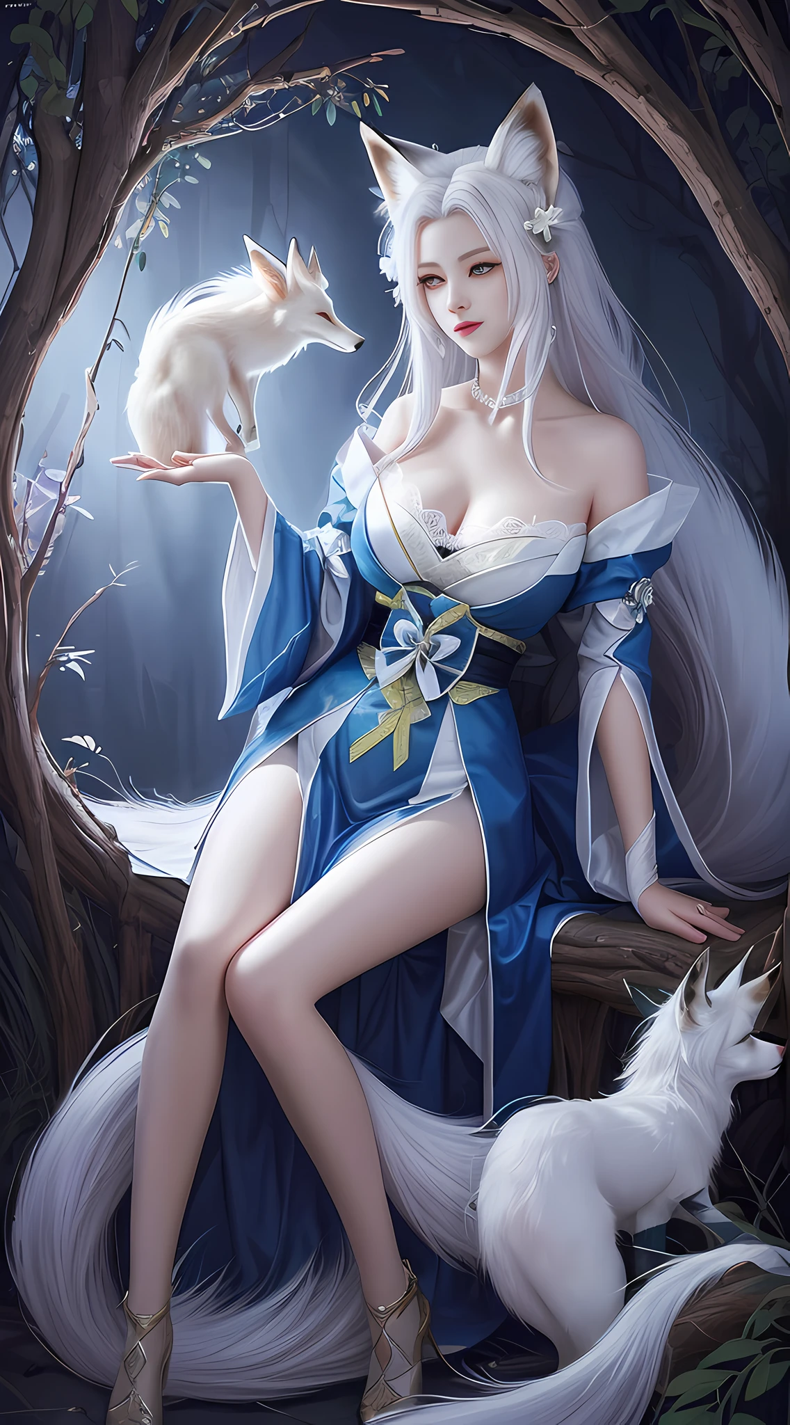 To, masterpiece, beautiful details, colorful, delicate details, delicate lips, complex details, real, ultra-realistic, a girl with white hair fox sitting on a branch: 1.1, big tits, sexy, seductive, ethereal fox, nine-tailed fox, fox three-tailed fox, Onmyoji detailed art, nine tails, beautiful artwork illustration, mythical creatures, foxes, beautiful digital artwork, exquisite digital illustration, mizutsune, inspired by mythical creatures wildnet, pixiv On digital art, bright light, high contrast, horror movie theme, dark atmosphere