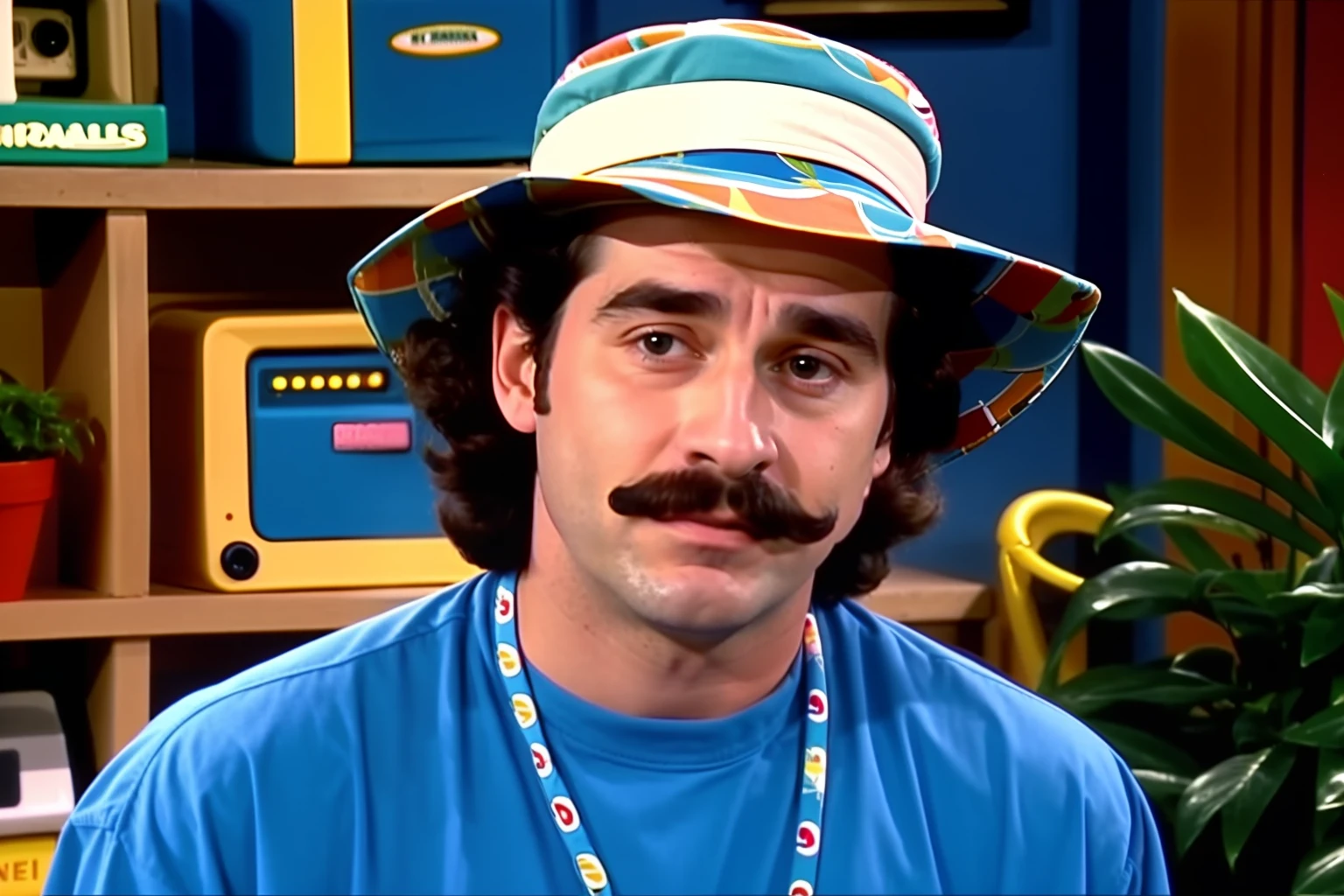 vhs screengrab, shot on a broadcast camera, a live-action 80’s sitcom featuring a man (20 years old:1.5), mustache and sideburns, blue bucket hat, man scene head diagonally, indoor house background. Reference: friends, Seinfeld, Full house.