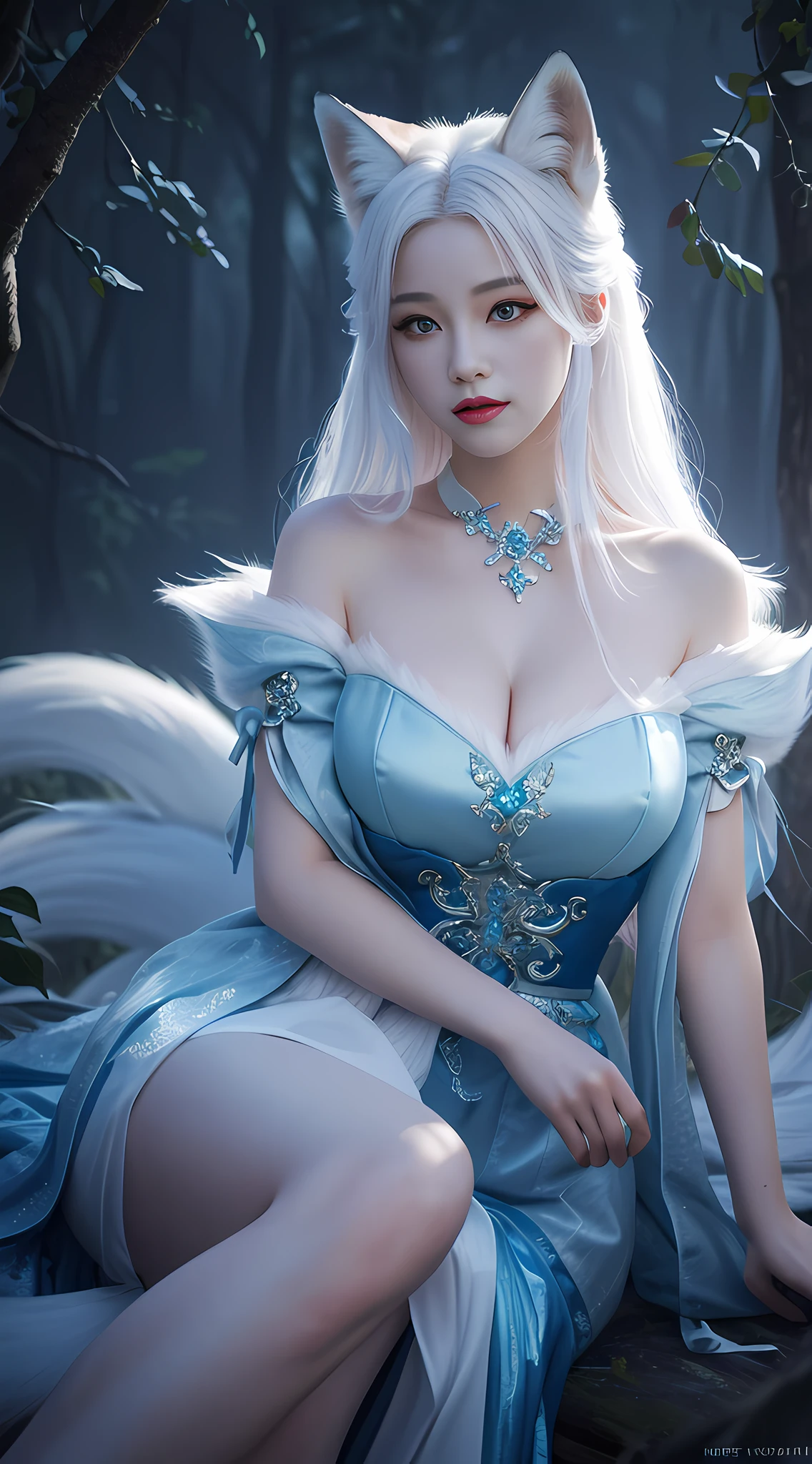 To, masterpiece, beautiful details, colorful, delicate details, delicate lips, complex details, real, ultra-realistic, a girl with white hair fox sitting on a branch: 1.1, big tits, sexy, seductive, ethereal fox, nine-tailed fox, fox three-tailed fox, Onmyoji detailed art, nine tails, beautiful artwork illustration, mythical creatures, foxes, beautiful digital artwork, exquisite digital illustration, mizutsune, inspired by mythical creatures wildnet, pixiv On digital art, bright light, high contrast, horror movie theme, dark atmosphere