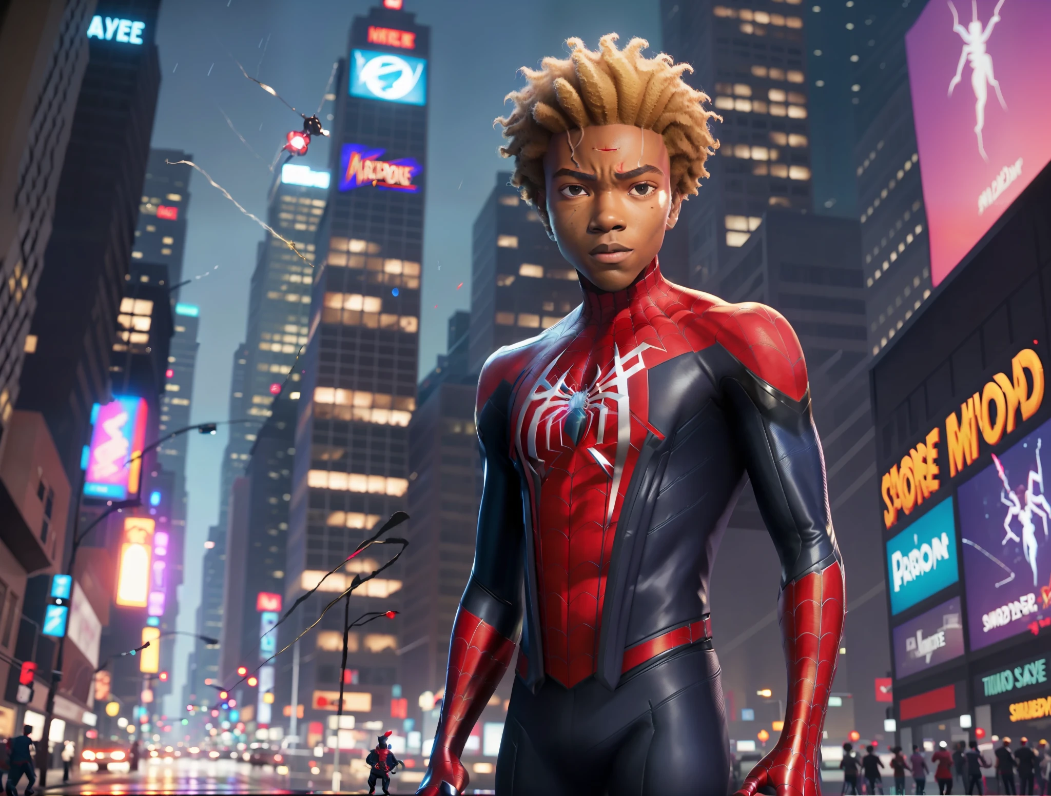spider - man in a suit standing in a city at night, miles morales, hero pose colorful city lighting, donald glover as miles morales, miles morales!!!, futuristic style spiderman, into the spiderverse, into the spider verse, spiderverse, spider - verse art style, cg art, ps5 cinematic screen capture, game cg, official art, high detailed official artwork