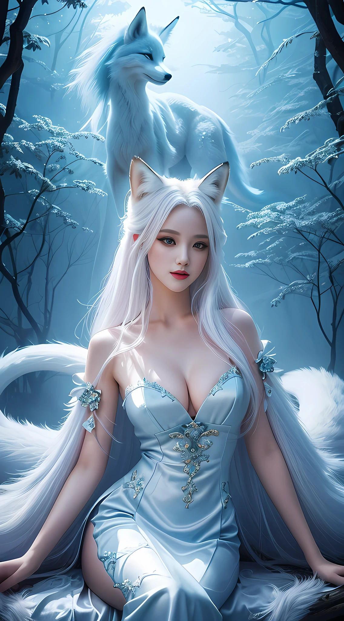 To, masterpiece, beautiful details, colorful, delicate details, delicate lips, complex details, real, ultra-realistic, a girl with white hair fox sitting on a branch: 1.1, big tits, sexy, seductive, ethereal fox, nine-tailed fox, fox three-tailed fox, Onmyoji detailed art, nine tails, beautiful artwork illustration, mythical creatures, foxes, beautiful digital artwork, exquisite digital illustration, mizutsune, inspired by mythical creatures wildnet, pixiv On digital art, bright light, high contrast, horror movie theme, dark atmosphere