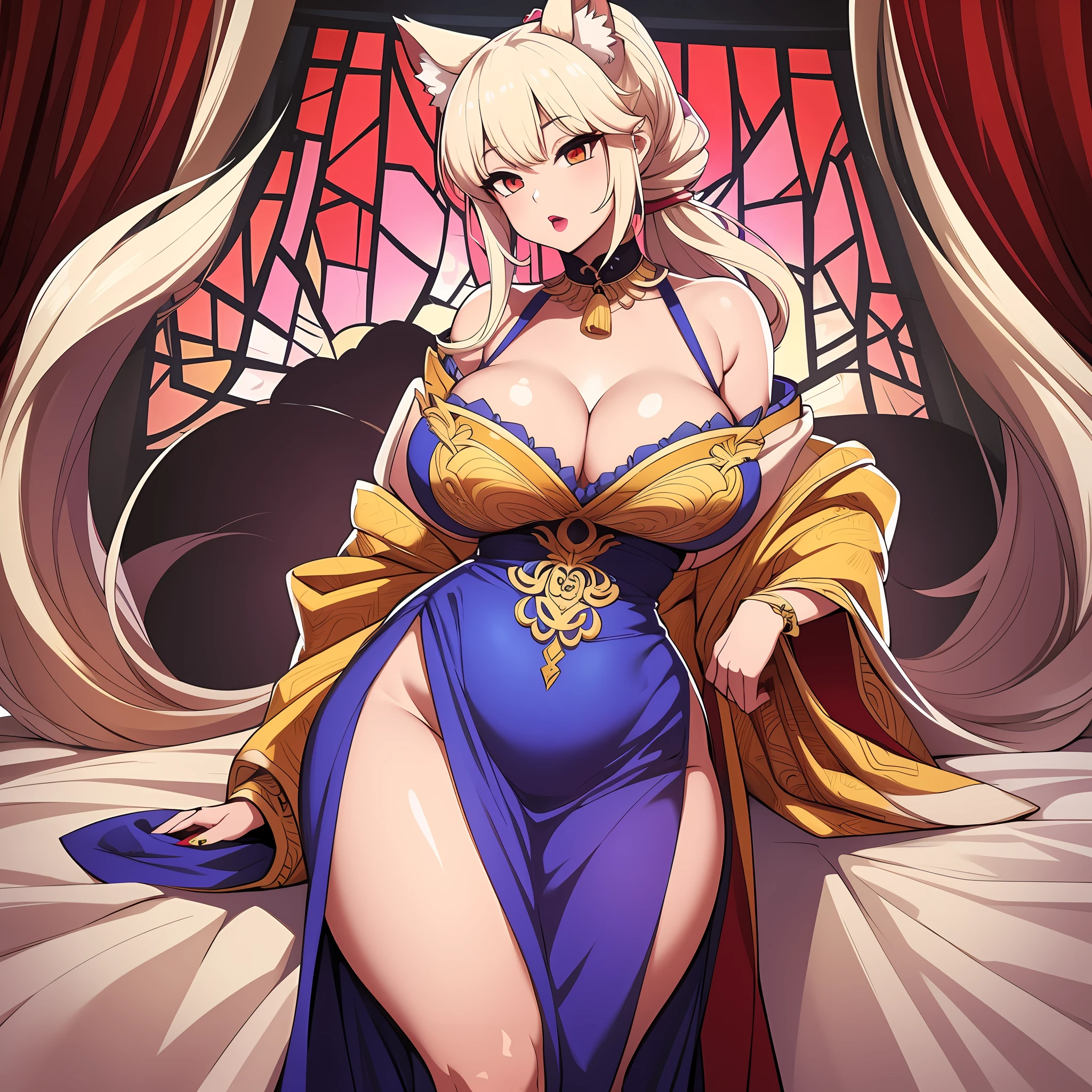 1girl, kitsune, huge breasts, long flowing dress, cleavage, plump, deep cleavage, hair tied up, lipstick