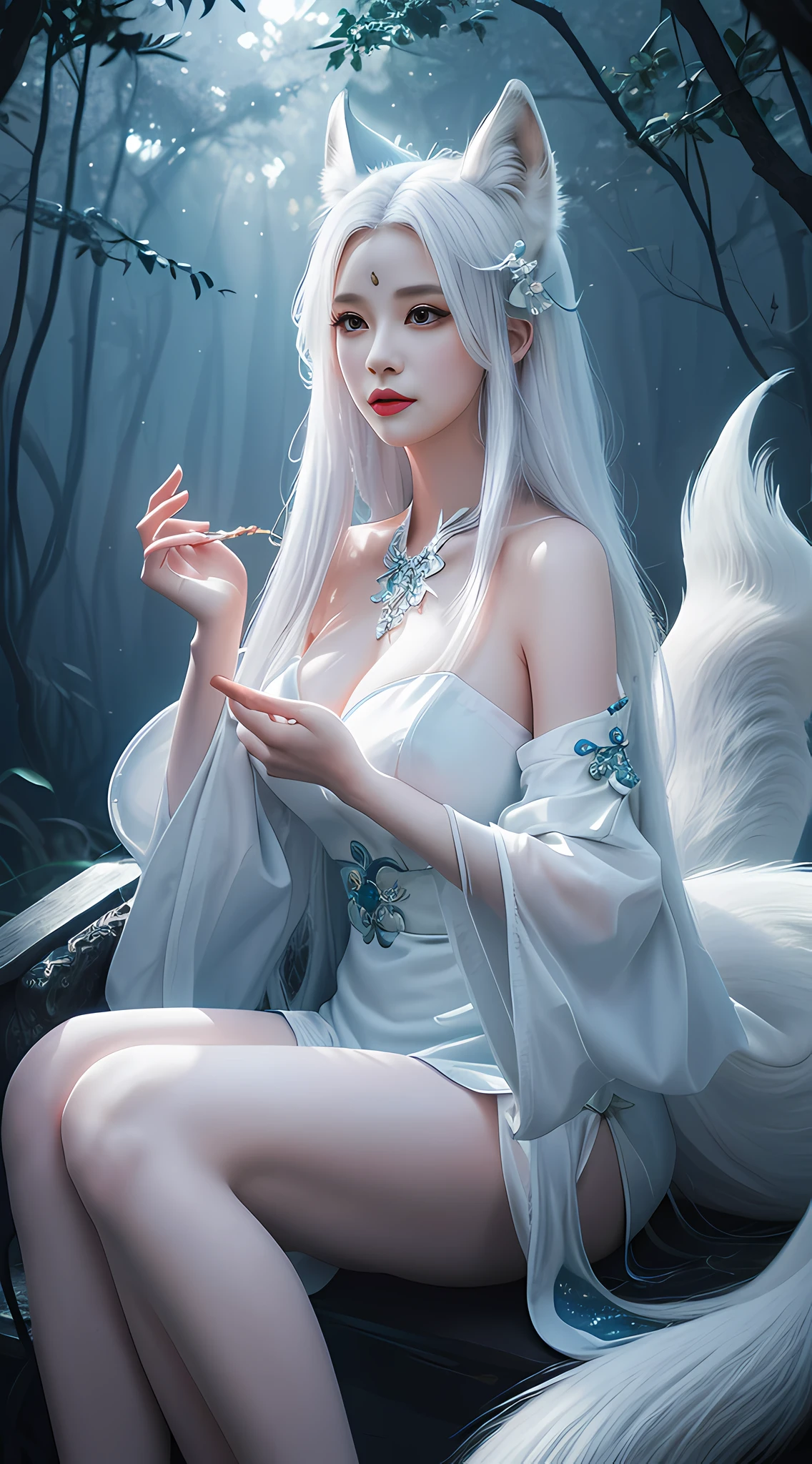 To, masterpiece, beautiful details, colorful, delicate details, delicate lips, complex details, real, ultra-realistic, a girl with white hair fox sitting on a branch: 1.1, big tits, sexy, seductive, ethereal fox, nine-tailed fox, fox three-tailed fox, Onmyoji detailed art, nine tails, beautiful artwork illustration, mythical creatures, foxes, beautiful digital artwork, exquisite digital illustration, mizutsune, inspired by mythical creatures wildnet, pixiv On digital art, bright light, high contrast, horror movie theme, dark atmosphere