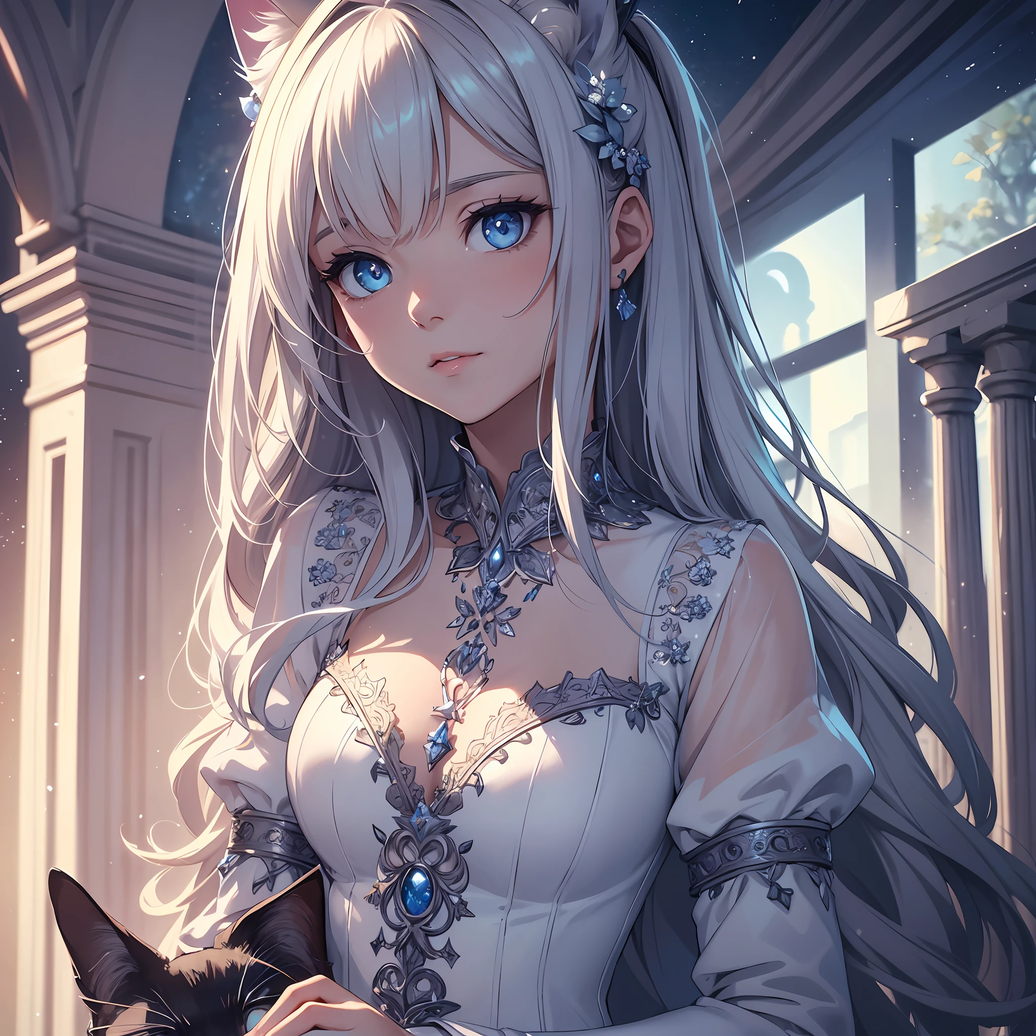 top quality, masterpiece, illustration, very delicate and beautiful, very detailed, cg , unity, 8k wallpaper, amazing, fine detail, masterpiece, best quality, official art, highly detailed cg unity 8k wallpaper, absurdity, incredibly absurd, ultra detailed, high resolution, highly detailed, detailed light, cinematic lighting, lens flare, light leakage, sunlight, glow, beautiful detailed glow, beautiful detailed girl, Highly detailed eyes and face, Beautiful detail eyes, M, illustration, (Very delicate and beautiful:1.2), cinematic angles,(Beautiful detail eyes:1.1), (Detail light:1.1),Movie lighting, Beautifully detailed sky, White long hair, (Blue eyes), (High ponytail:1.1), Glowing eyes, (Mon:1.2), (Moonlight:1.1), Starry sky, (Lighting particles:1.1), (Cat ears), Adult Woman, 1 girl