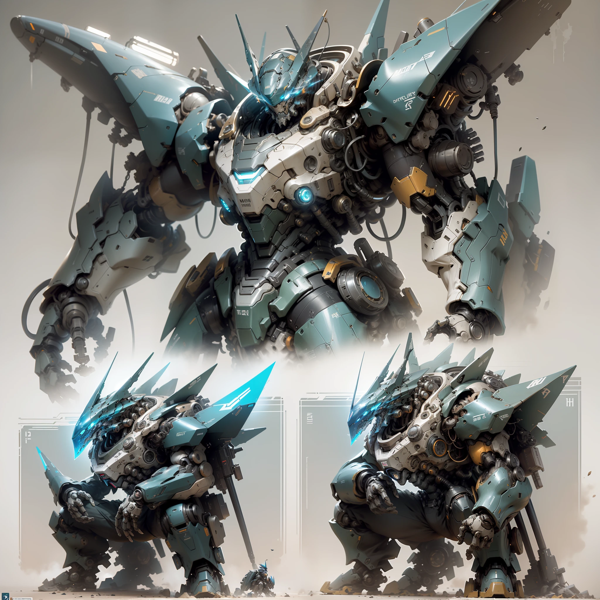 ((Masterpiece, Top Quality, Best Quality, Official Art: 1.2)), ((Game Concept Drawing, Character Design Sheet, Same Character, Robot Form, Tank Form, Submarine Form)) Very detailed, highest detail, high resolution, ((super detailed)), deformed mech, vortex fan propellers on both shoulders, blue glowing eyes, threaded barrels, military giant mechs, missiles, rocks, futuristic technology, realism, cyberpunk, rule of thirds, cinematic lighting, Saturated contrast, (simple background, solid background: 1.3)