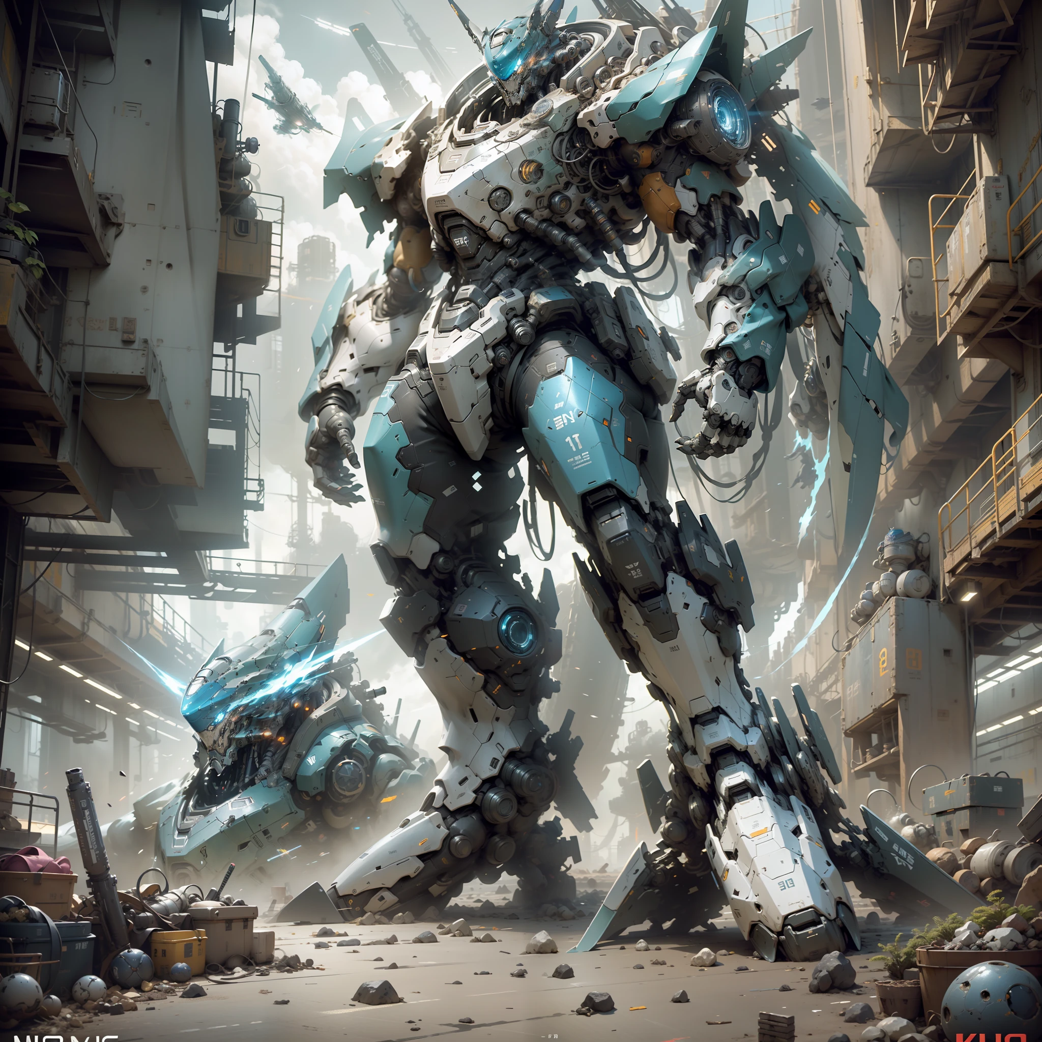 ((Masterpiece, Top Quality, Best Quality, Official Art: 1.2)), ((Game Concept Drawing, Character Design Sheet, Same Character, Robot Form, Tank Form, Submarine Form)) Very detailed, highest detail, high resolution, ((super detailed)), deformed mech, vortex fan propellers on both shoulders, blue glowing eyes, threaded barrels, military giant mechs, missiles, rocks, futuristic technology, realism, cyberpunk, rule of thirds, cinematic lighting, Saturated contrast, (simple background, solid background: 1.3)