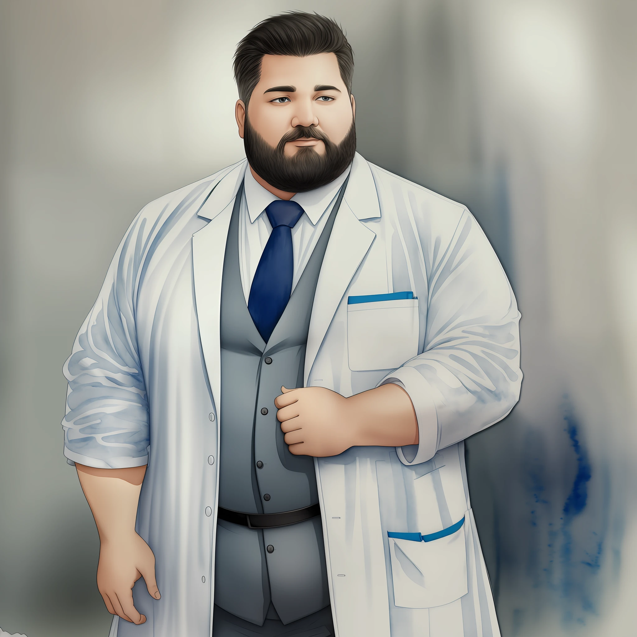 physiotherapist fat man in lab coat, short hair, beard, graphite, watercolor style background, 8k details --auto --s2