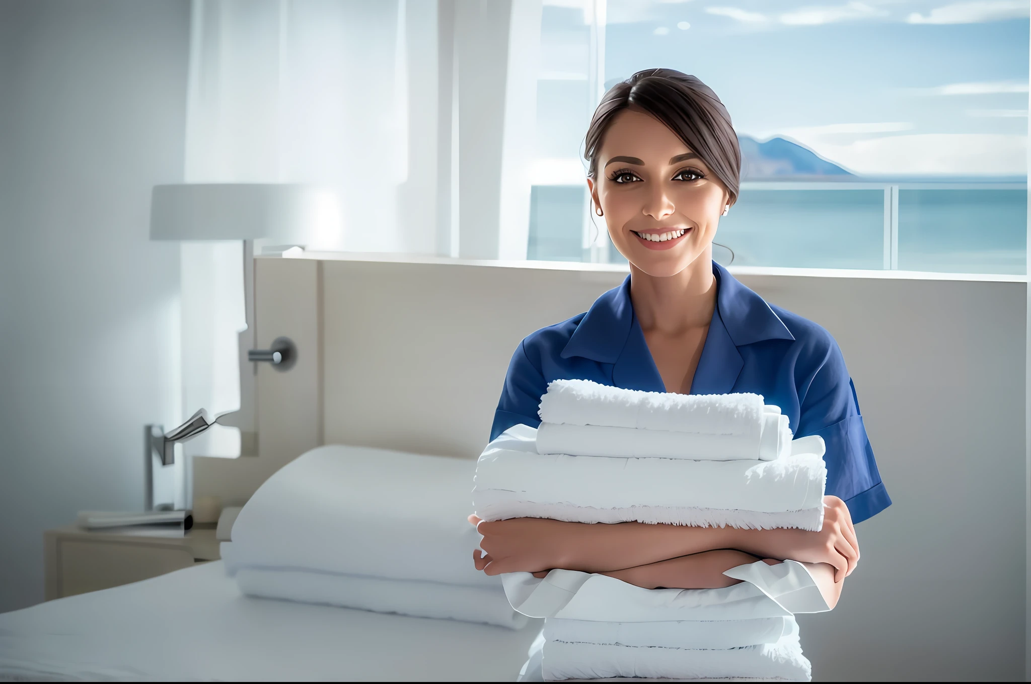 arafed woman holding a stack of towels in a hotel room, maid, wearing maid uniform, advertising photo, corporate photo, towels, beautiful views, beautiful surroundings, crisp detail, pristine and clean, easy, hello, morning hour, linen, comfortable, luxurious environment, professional work, proffesional, domestic, delightful surroundings, wearing simple robes, professional, the best