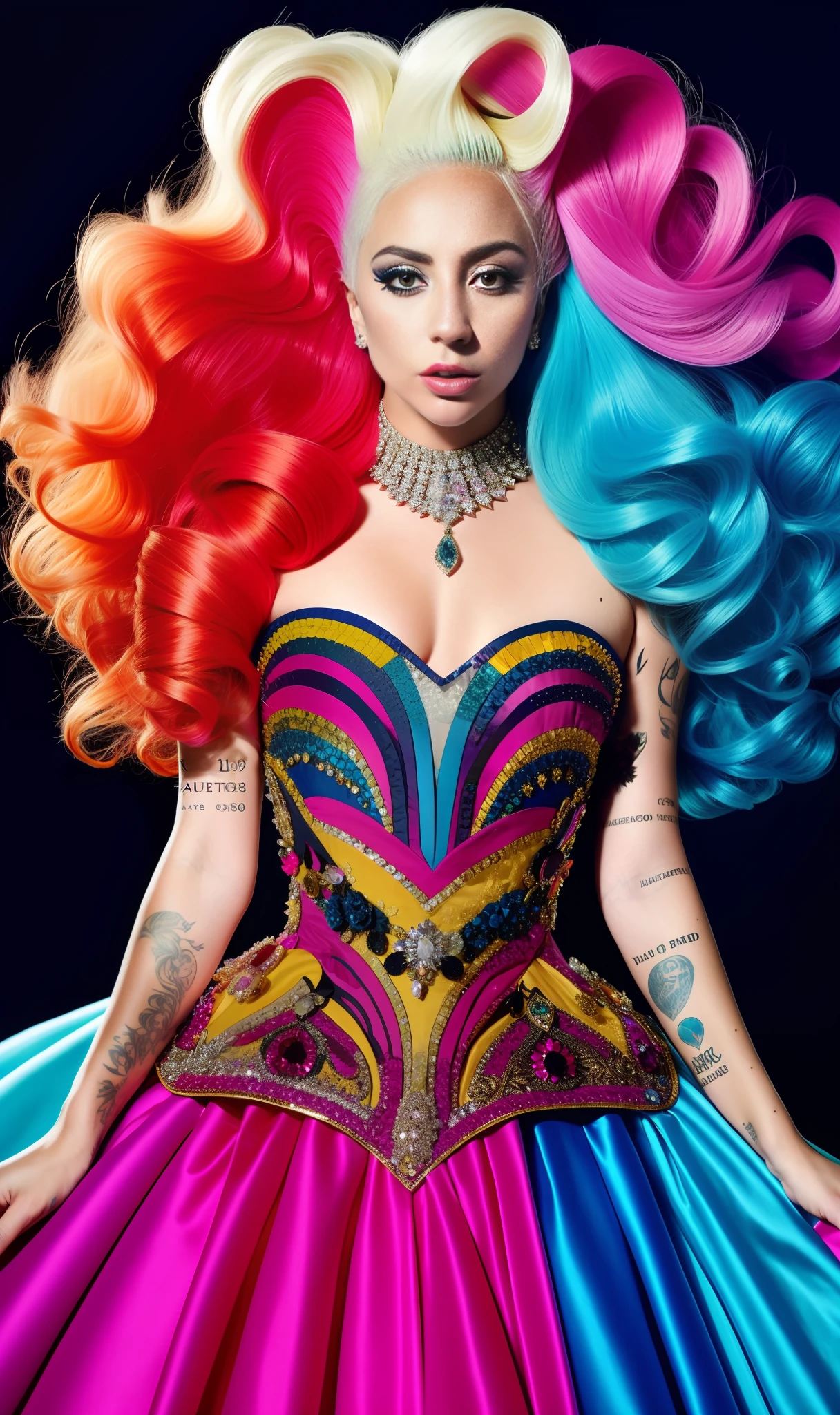 Photo of lady gaga with colorful dress by Alexander McQueen,diamonds, 4K texture, long hair, high quality, extravagant hairstyle, original album cover, haute couture dress, 8k image, futuristic, high image quality, at night, sharp image, realistic face, HD, 8k image, various poses