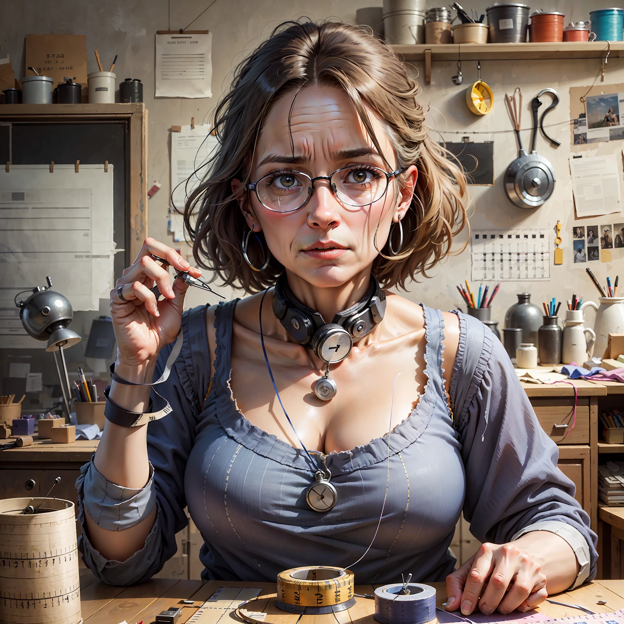 a portrait of a middle-aged woman, in her sewing studio, tape measure around her neck, face focused, sharp, half body, hyper realistic, ultra detailed, high definition --auto --s2