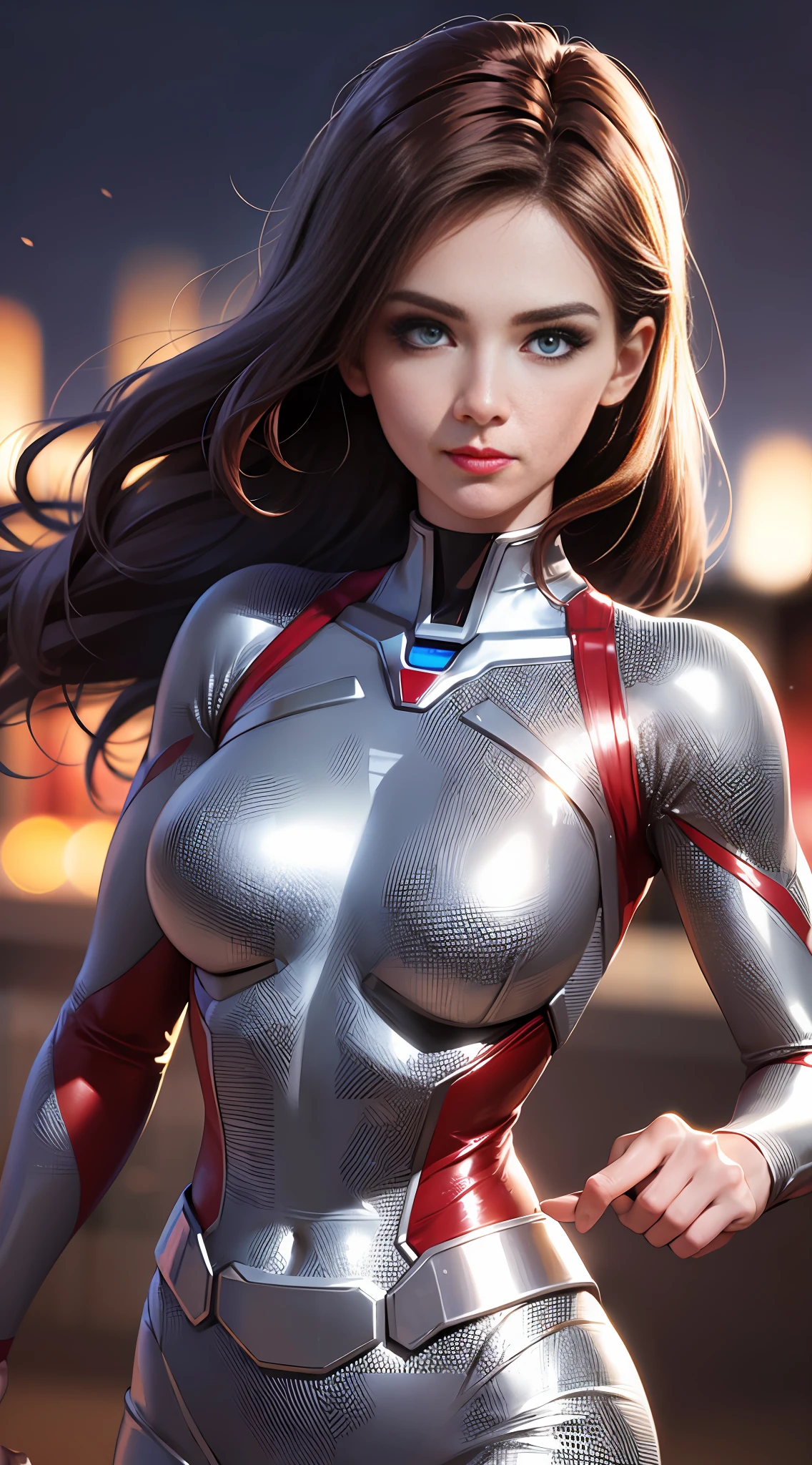 High quality fingers, normal hands, delicate fingers, masterpiece, clear eyes, (realistic, realistic: 1.37), (22-year-old woman), galaxy Ultraman, female Ultraman, classic red silver tights, blue light energy indicator on chest, {{huge_breast}}, slightly raised, small waist, crimson hair, blue eyes, beautiful face, perfect lighting, firm eyes, looking at the audience, amazing beautiful woman, detailed hairstyle, detailed background