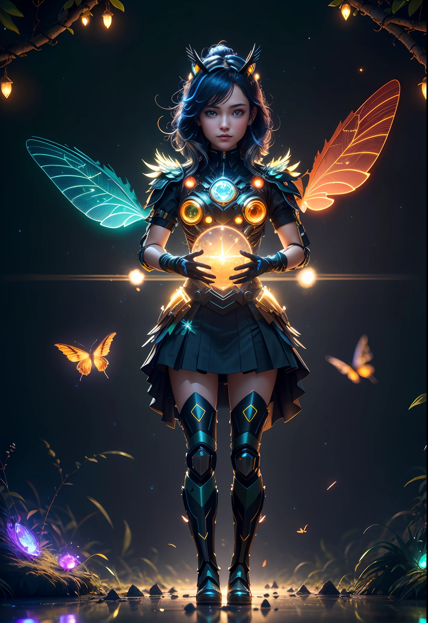 Masterpiece, best quality, extremely beautiful reflection, best reflection. (Very detailed CG unity 8k wallpaper), (best quality), (best illustration), (best shadow), a photo of a cybernetic owl, perched on barbed wire in a dark alley. His eyes are neon blue, reflecting the lights of the surrounding city. The feathers are fragmented and iridescent, and there is a wonderful code running through them. The shots used create a deformation effect, giving the impression that an owl is observing the viewer from all angles, with a forest theme with natural elements. Tall trees, quiet stream, glowing small mushrooms surrounded by delicate leaves and branches, and fireflies and glowing particle effects, (natural elements), (jungle theme), (leaves), (branches), (fireflies), butterflies, (delicate leaves), (glow), (particle effects), isometric 3D, Octane rendering, ray tracing, super detailed
