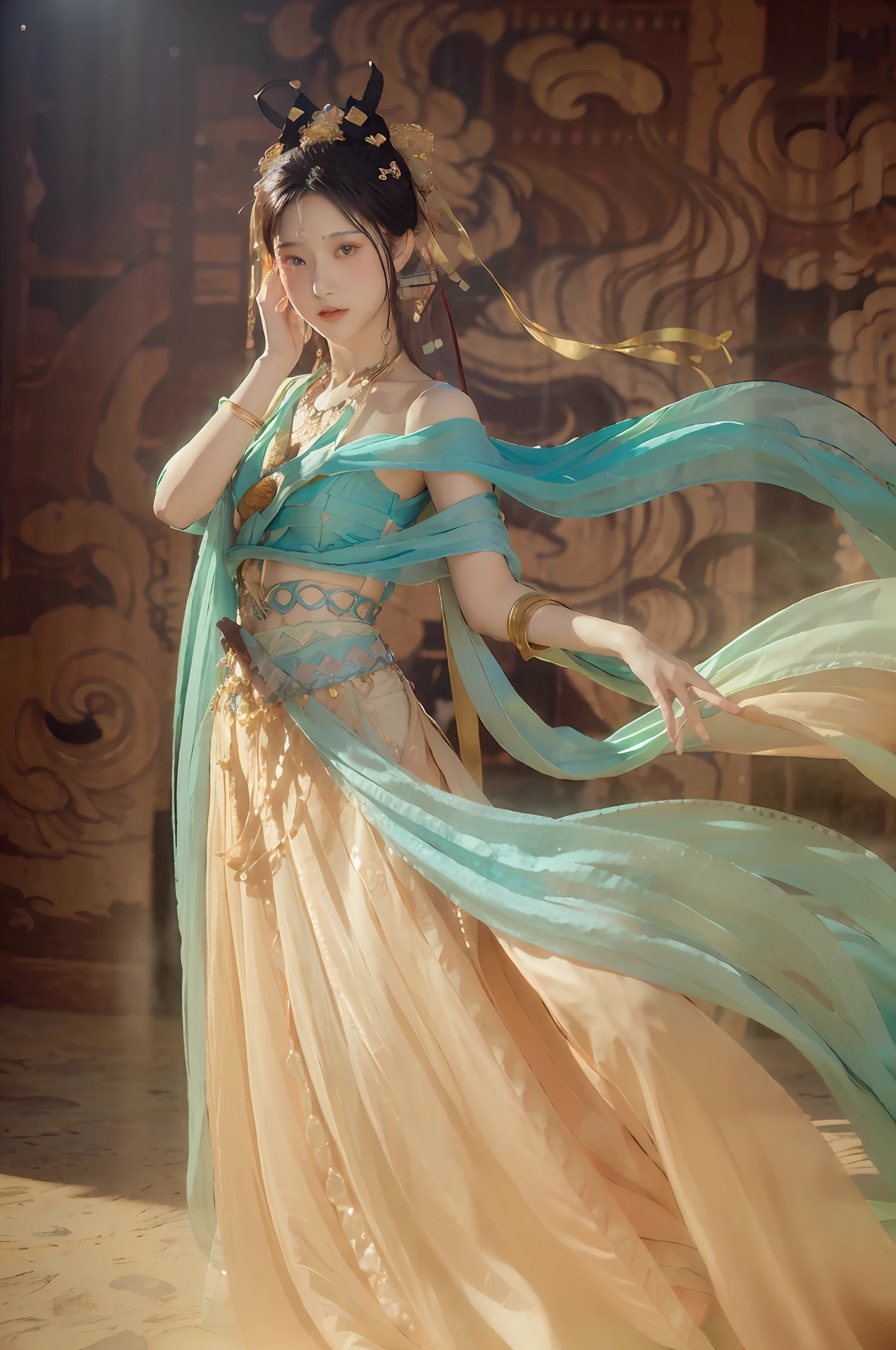 (8k, RAW photo, best quality, masterpiece:1.2), (realistic, photo-realistic:1.4), (extremely detailed CG unity 8k wallpaper), 1 girl solo, dance, dunhuang_dress, dunhuang_style, dunhuang_background,