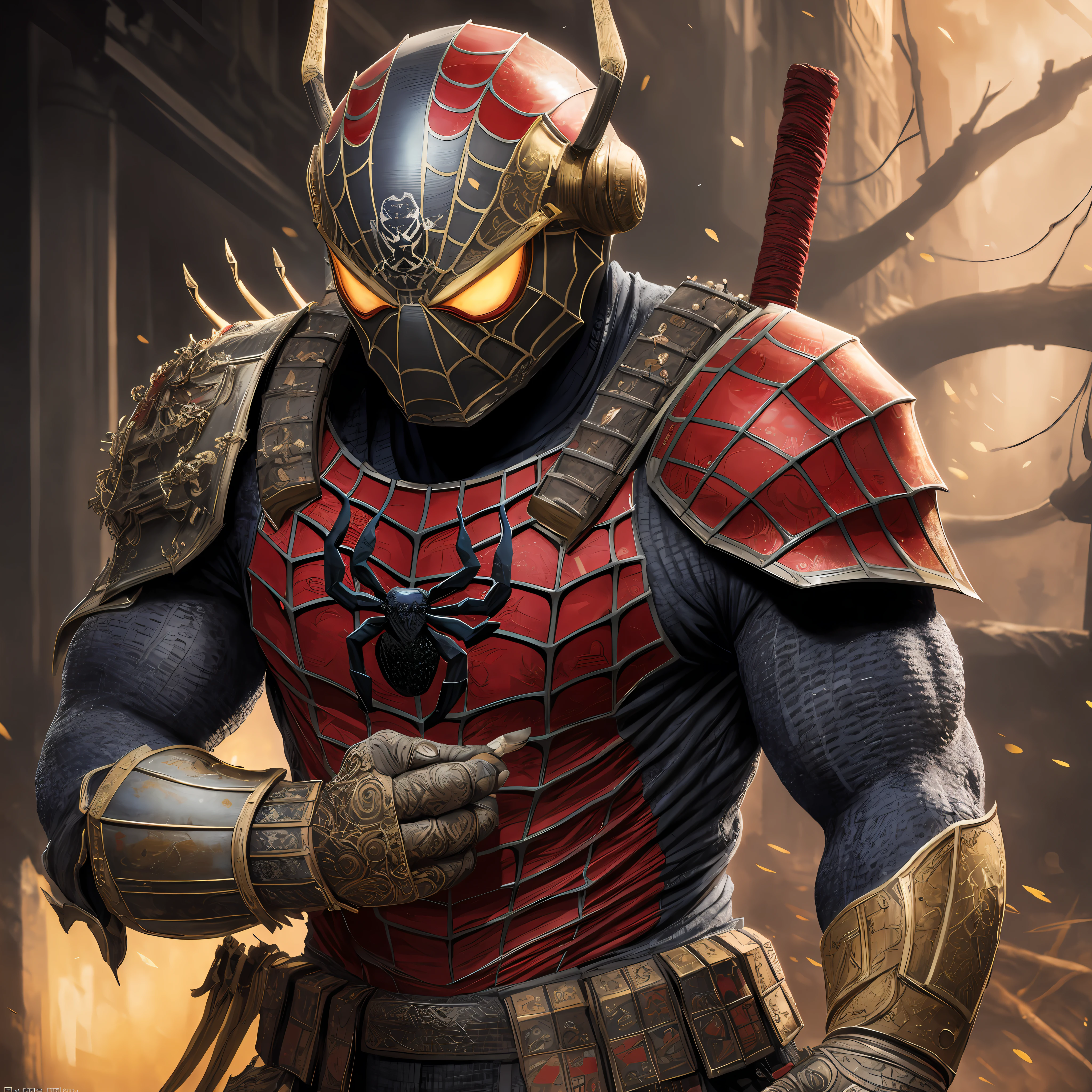 (realistic: 1.3), intricate details, painting \(art\), ((masterpiece, best quality)), ((cinematic light)), spider-mam, samurai, scary, dark fantasy \(style\), detailed armor, detailed helmet