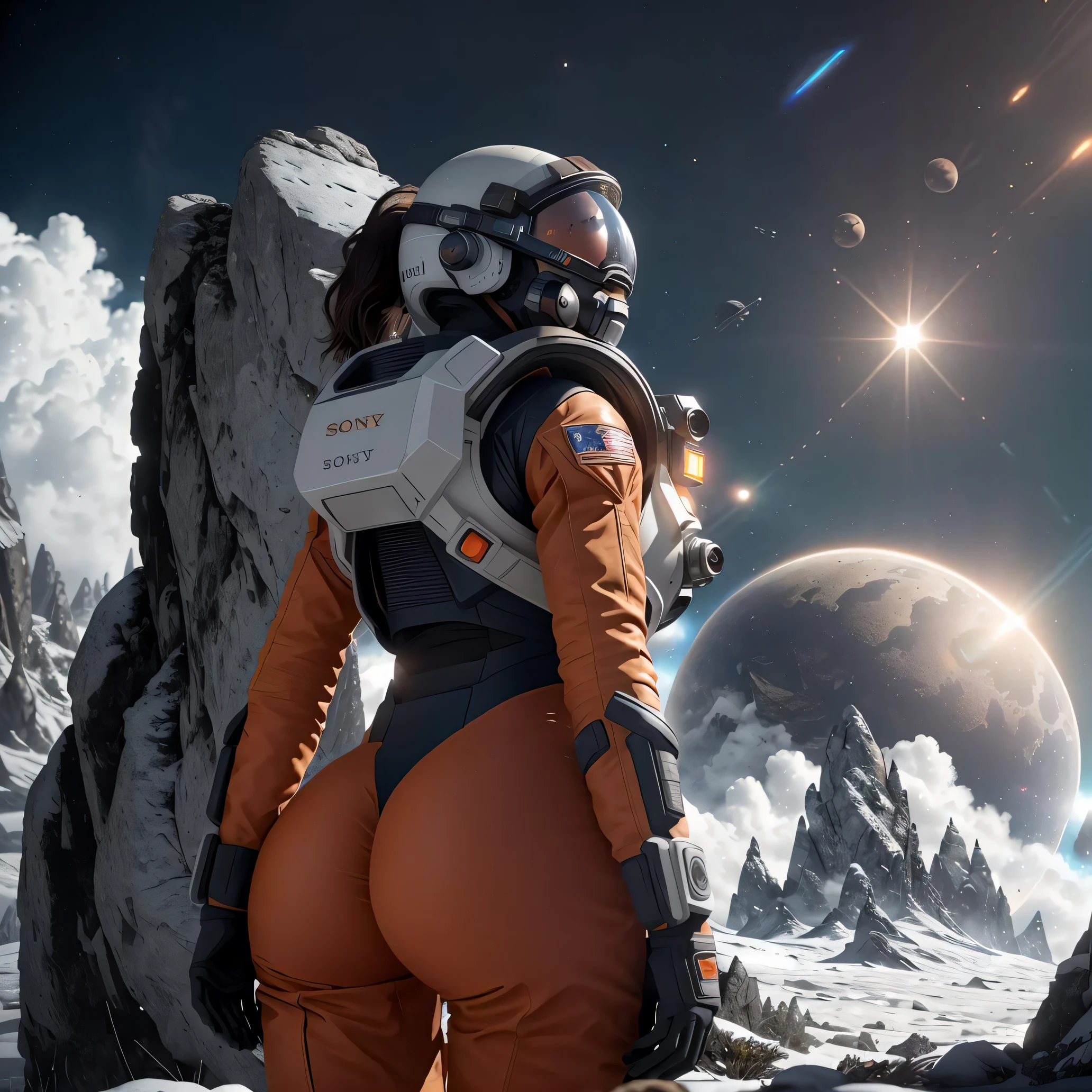 rear angle, Highly detailed RAW color Photo, Rear Angle, Full Body, of (female space soldier, wearing orange and white space suit, helmet, tined face shield, rebreather, accentuated booty), outdoors, (looking up at advanced alien structure, on alien planet), toned body, big butt, (sci-fi), (mountains:1.1), (lush green vegetation), (two moons in sky:0.8), (highly detailed, hyperdetailed, intricate), ((DAY TIME)), (lens flare:0.7), (bloom:0.7), particle effects, raytracing, cinematic lighting, shallow depth of field, photographed on a Sony a9 II, 50mm wide angle lens, sharp focus, cinematic film still from Gravity 2013, from behind