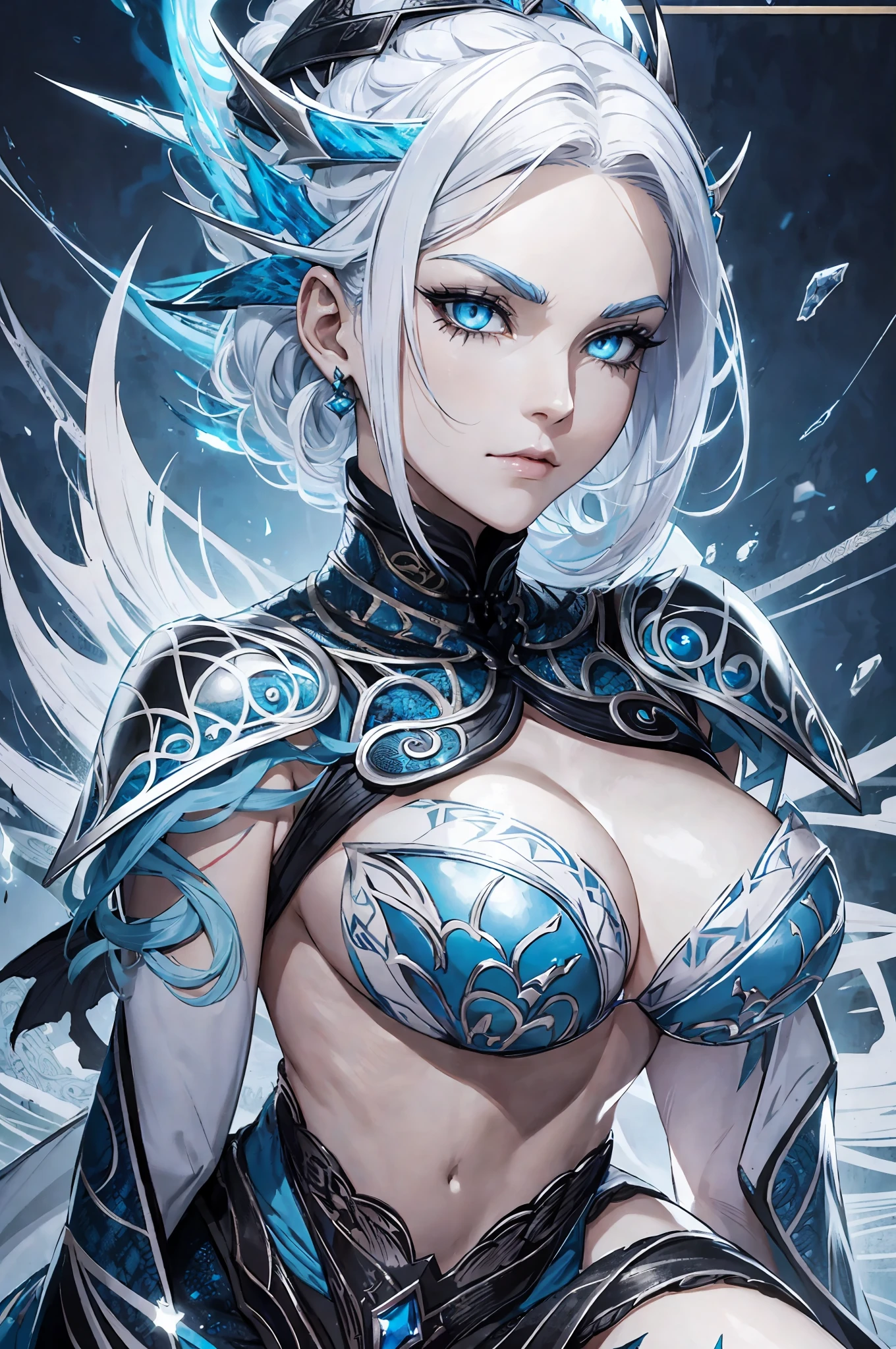 Tall woman with white hair, light blue skin with dragon scales, intricately decorated cloak, black bone texture, dark, noble, evil, curse tattoo on chest, blue scales on thighs, Western Dragon, Lightning Dragon, Blue, Elegant, Amber Eyes, Platinum Hair, Closeup Portrait, Goddess Skull, (White Curly Hair Tornado: 1.2), Rough Brush, HD Anime Wallpaper, 8k Resolution, --auto --s2