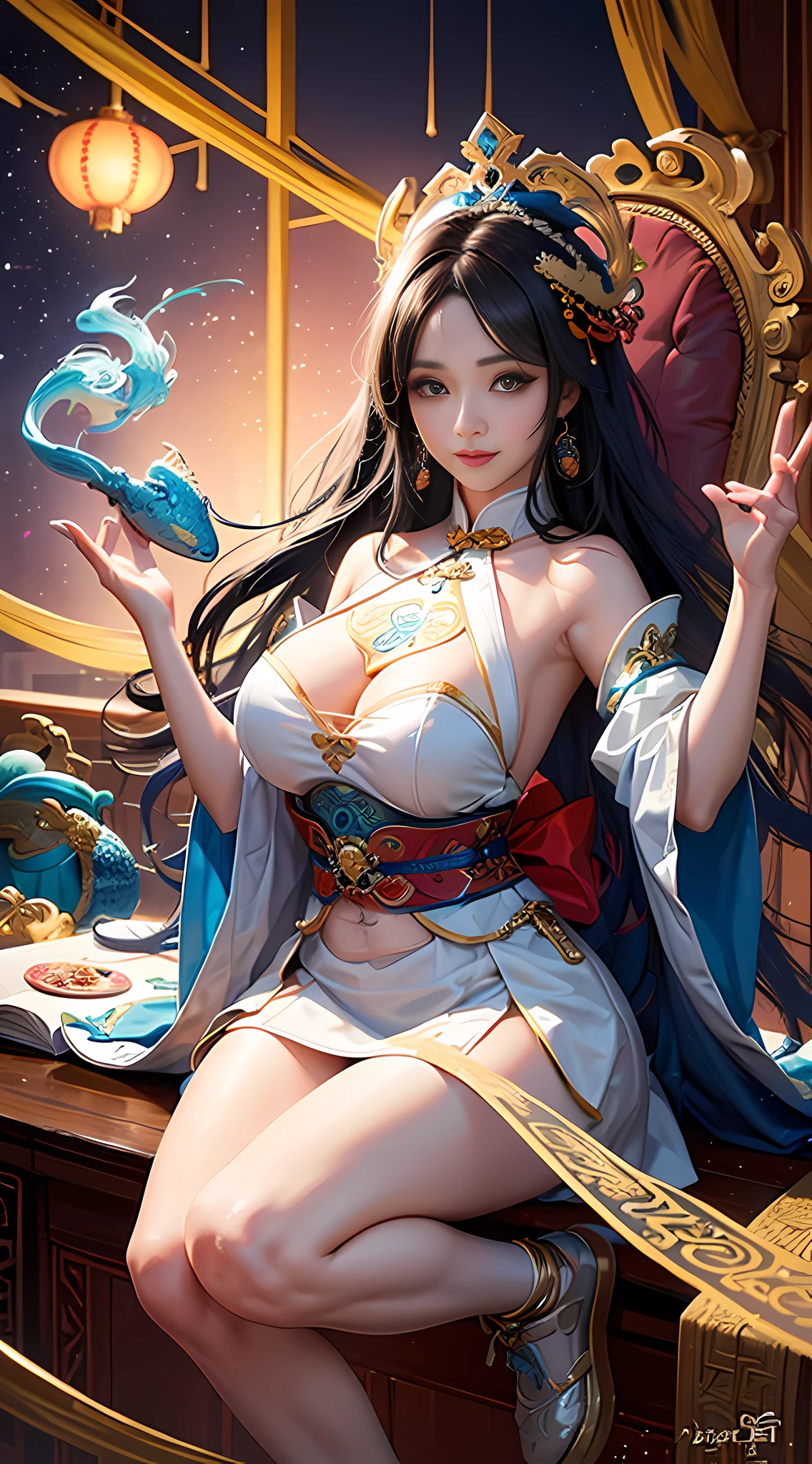 Official Art, Unified 8k Wallpapers, Ultra Detailed, Beautiful and Aesthetic, Masterpiece, Best Quality, Realism, Ultra Real, (Zentangle, Tangle, Entangle), (fractal art: 1.4), 1girl, black hair, Chinese, off-the-shoulders, short skirt, big breasts, calves, navel, very detailed, dynamic angle, cowboyshot, (most beautiful form of chaos), ethereal, (bright colors), oc, (full body: 1.2), china, (thangka flying sky: 1.5), (ribbon: 1.3), (dream: 1.5), (hanfu: 1.5), Chinese dragon, Chinese phoenix, (smile: 0.5), (Chinese deity),