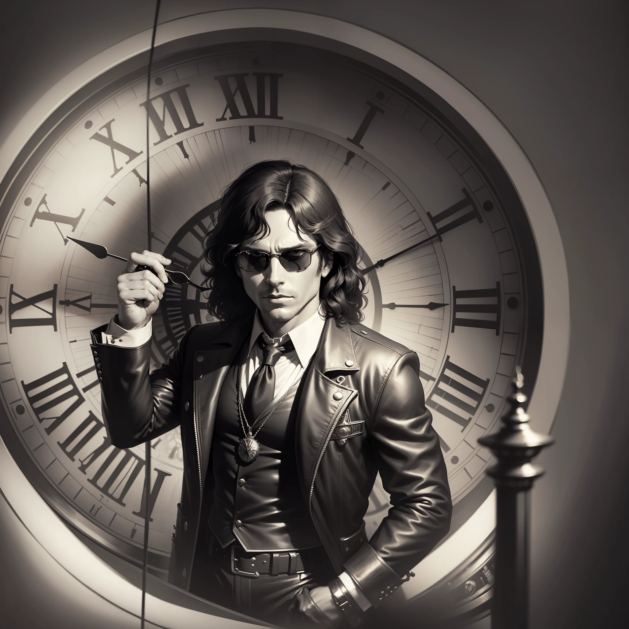 A jim morrison-style man, wearing sunglasses, looking at an antique clock, melancholy, noir style, art deco, soviet art, grayscale