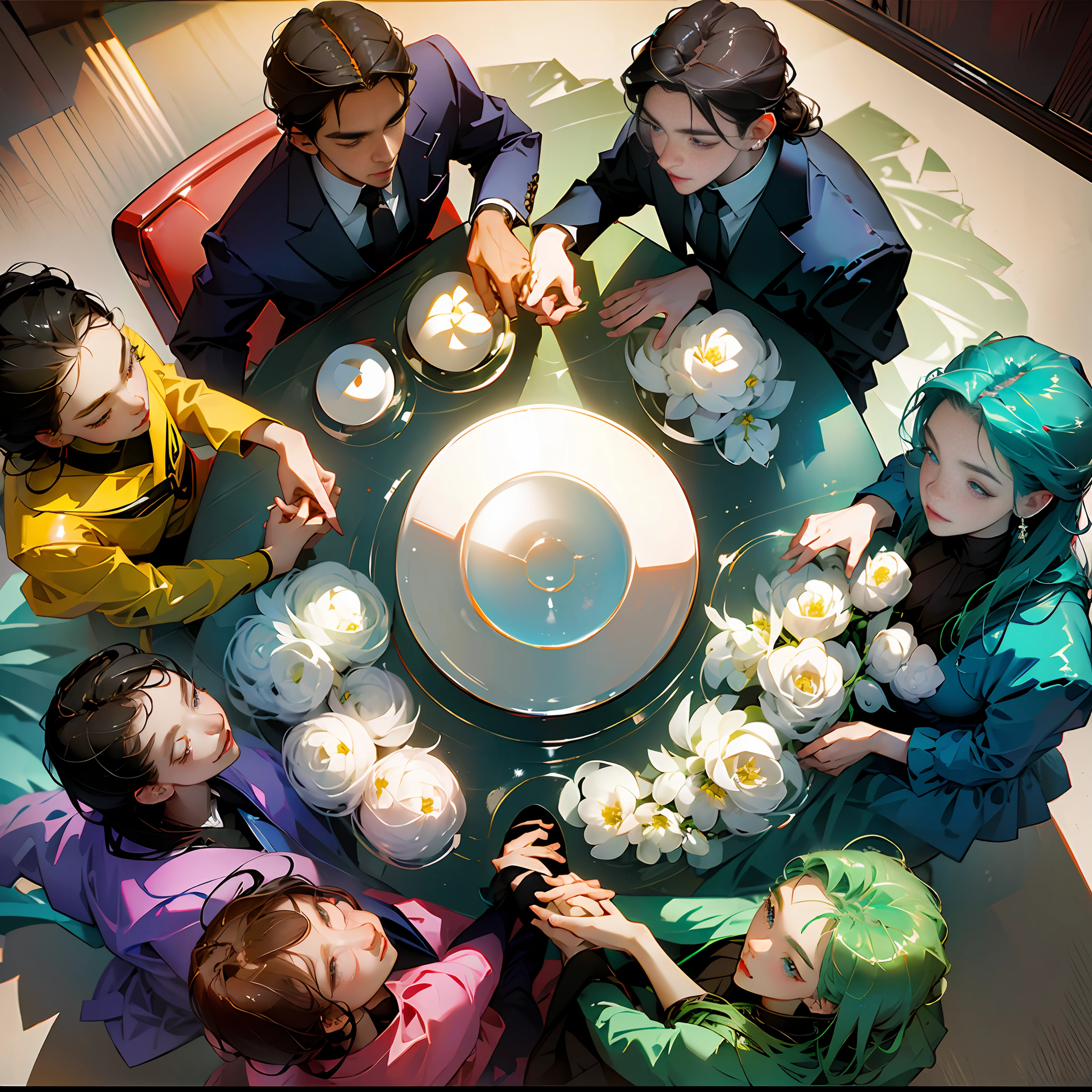 (masterpiece, best quality, minimalist), top view, 7 people in suits (holding hands), table, clean scripture. --auto --s2