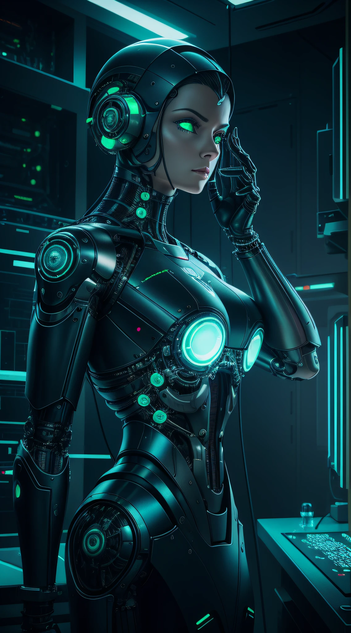 electronic system in the humanoid headPositive Prompt: ((best quality)), ((masterpiece)), ((realistic)), Mysterious scientist in a futuristic laboratory with many high-tech equipment. Bright neon and soft lighting. Surrealist portrait in sci-fi style by HR Giger, done in digital painting. Dark and greenish colors. 3D rendering with high definition, amazing details. It thrills mystery, intrigue and fascination. Scientist has mechanical arms and cybernetic eyes. at eye level, scenic, masterpiece. the| Canon M50| 100mm| sharp focus| slick| hyperrealism| Highly detailed | intricate details| Sculpted by Michelangelo