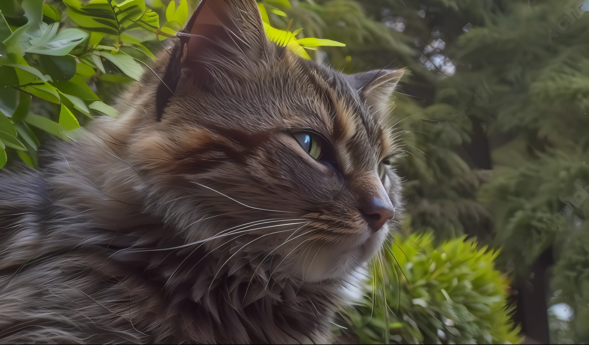 There is a cat sitting outside on the windowsill, tanuki cat, looking to the side outside the lens, close-up - upward silhouette, lost in thought, telephoto, looking to the side, portrait of a cat, best quality, original photo, (realistic: 1.4), masterpiece, super high resolution