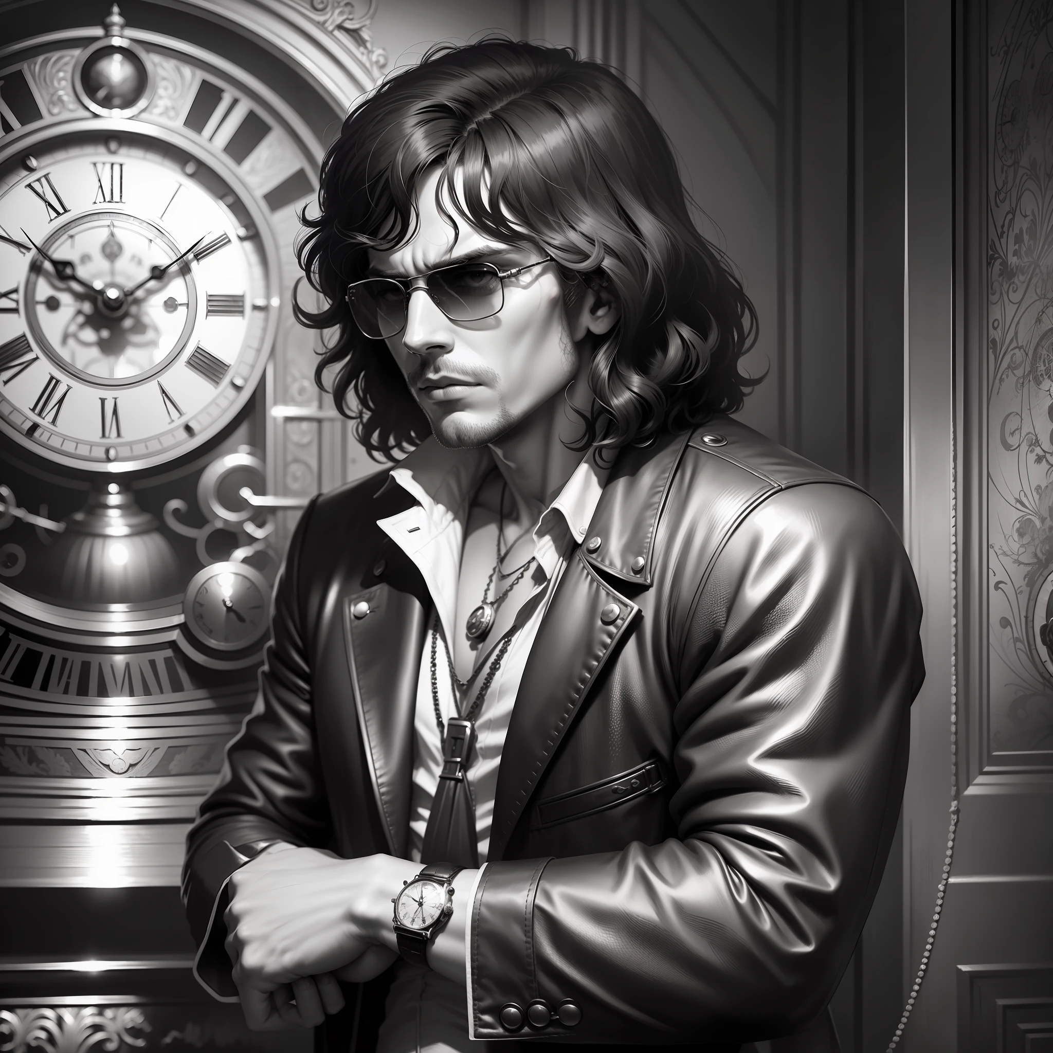 A jim morrison-style man, wearing sunglasses, looking at an antique clock, melancholy, noir style, art deco, soviet art, grayscale