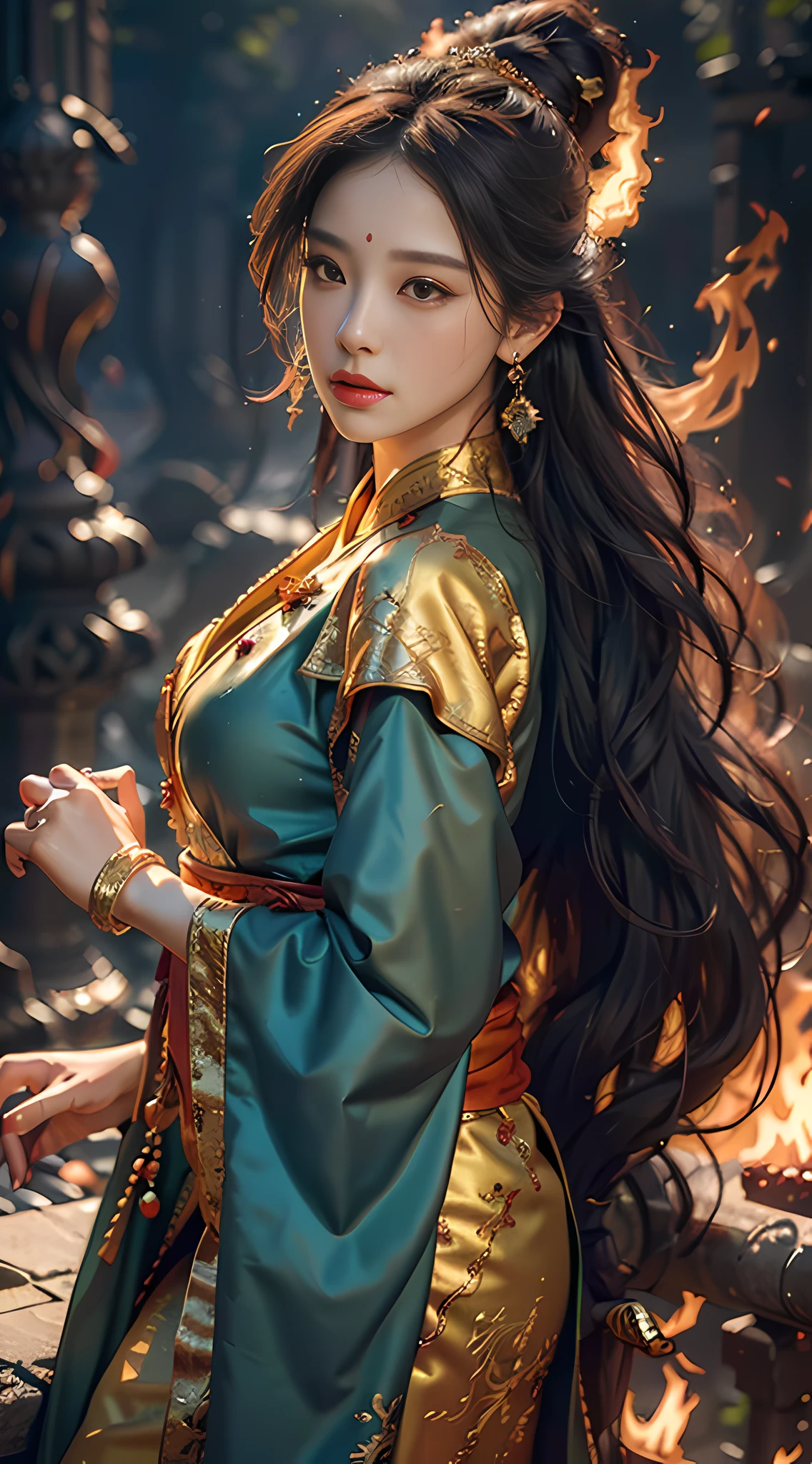 Best quality,masterpiece,ultra high res,(photorealistic:1.4)1girl,beautiful_face,detailed skin,full body,yuhuoshu,jewelry,solo,earrings,(fire:1.3),blurry,realistic,lips,