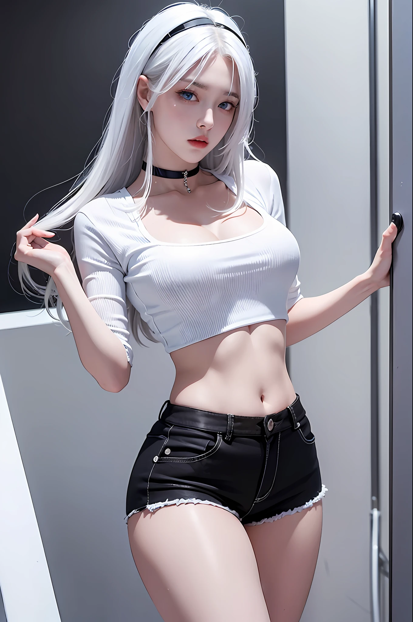 photorealistic, high resolution, 1 girl, white hair,(choker), korean, blue eyes, shor hair, white shirt, skimpy tight black shorts, thick thighs