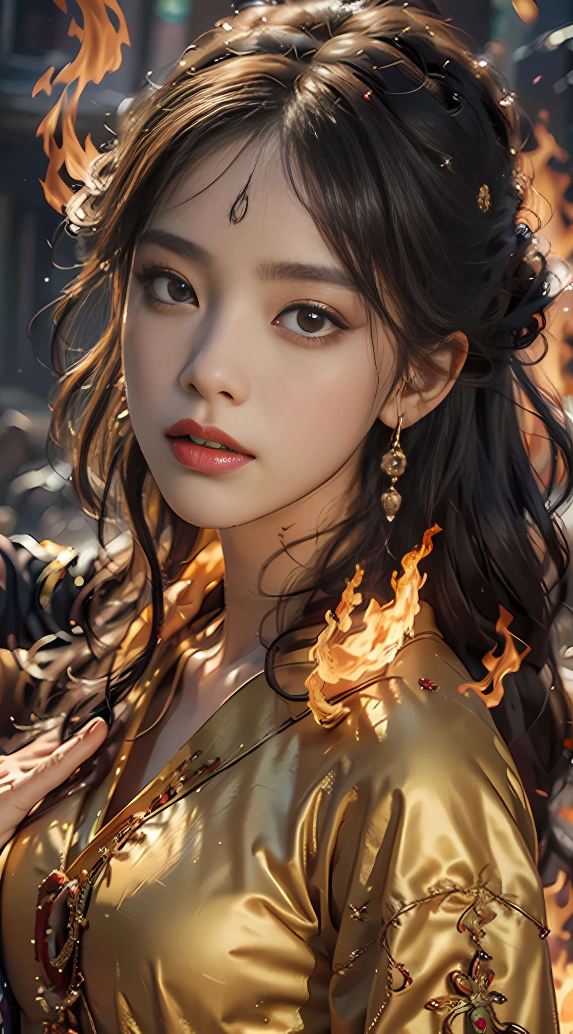Best quality,masterpiece,ultra high res,(photorealistic:1.4)1girl,beautiful_face,detailed skin,full body,yuhuoshu,jewelry,solo,earrings,(fire:1.3),blurry,realistic,lips,