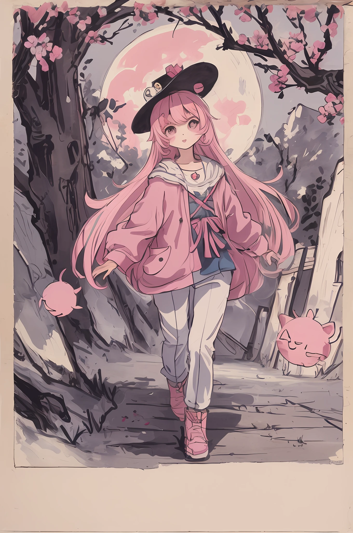 woman, colorful, cute, big eyes, masterpiece, full moon, alley