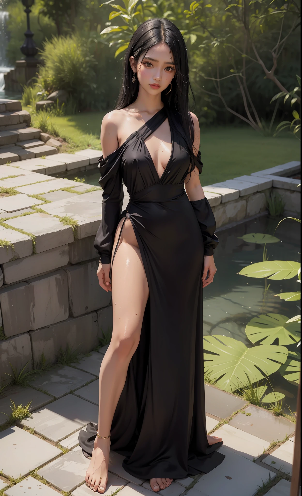 concept art, Indian girl, wearing sexy long small dress, small lite black hair, princess hair, hips, look at viewer, shy blush face, sexual expression, sexy, bare shoulder, wet dress, wet body, ((nipple's)), unconcerned, NSFW, quality, in the garden, sitting on the floor, background water on the floor, loli, contrast, dark,