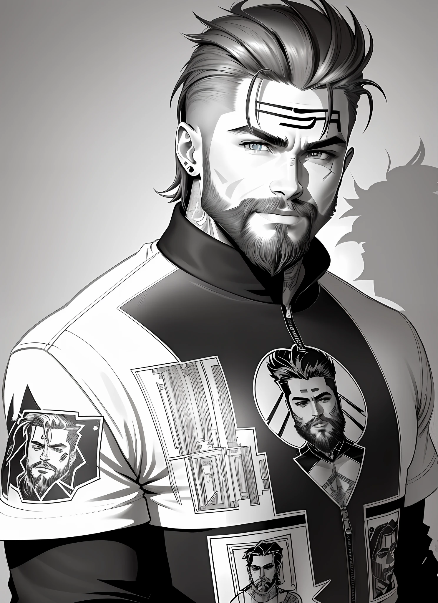 half body portrait of a Cool rockstar male, manly face, angular shape, (chiseled jaw:1.3), face like brad pitt, , perfect beard, detailed eyes, piercing, tattoo, wearing jacket and tshirt, , smiling art by gtechstyle, looking at viewer, (thick tapered outline:1.4) ,hands (die-cut sticker :1.3) (on simple color background:1.2) NaturalHand2-3500