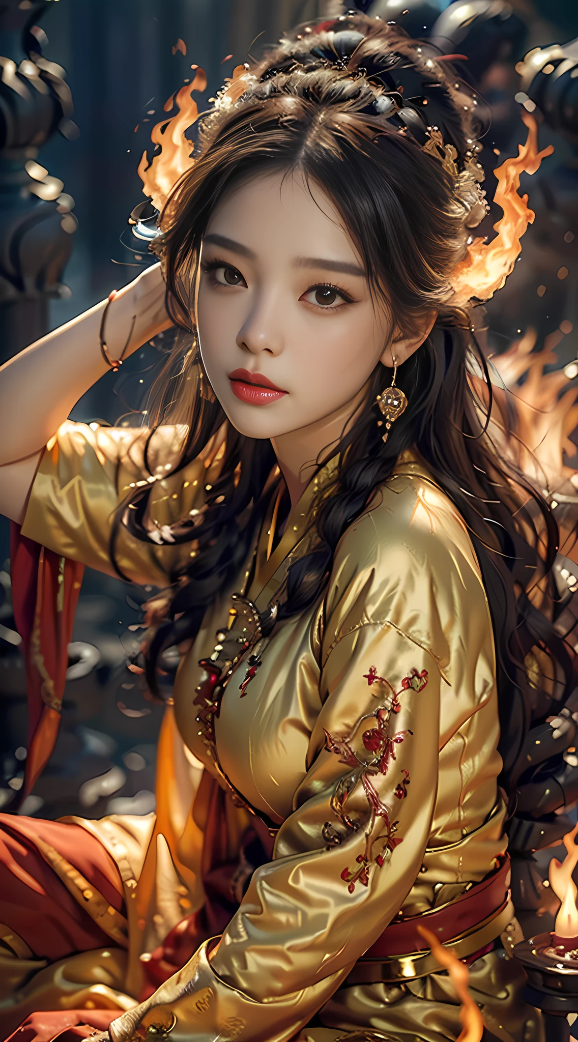 Best quality,masterpiece,ultra high res,(photorealistic:1.4)1girl,beautiful_face,detailed skin,full body,yuhuoshu,jewelry,solo,earrings,(fire:1.3),blurry,realistic,lips,