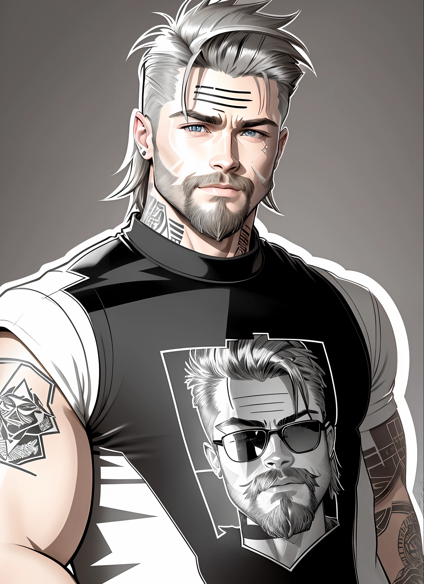 half body portrait of a Cool rockstar male, manly face, angular shape, (chiseled jaw:1.3), face like brad pitt, , perfect beard, detailed eyes, piercing, tattoo, wearing jacket and tshirt, , smiling art by gtechstyle, looking at viewer, (thick tapered outline:1.4) ,hands (die-cut sticker :1.3) (on simple color background:1.2) NaturalHand2-3500