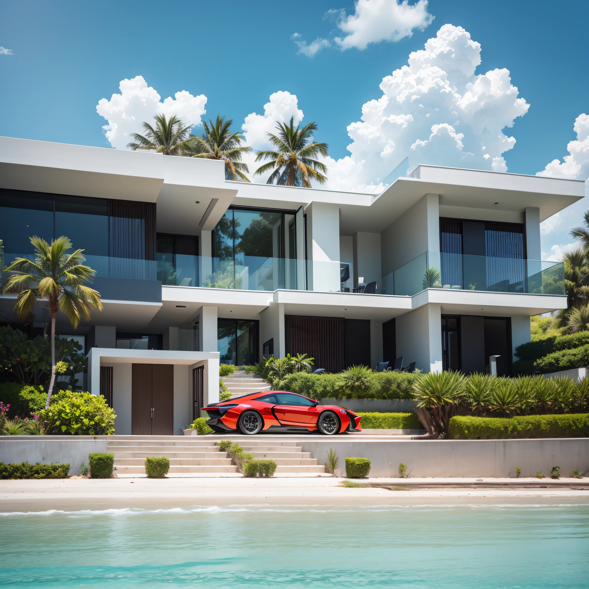 Modern mansion façade seen from afar with super car in the middle in front of the house, photo with strong and vibrant colors, beach --auto --s2