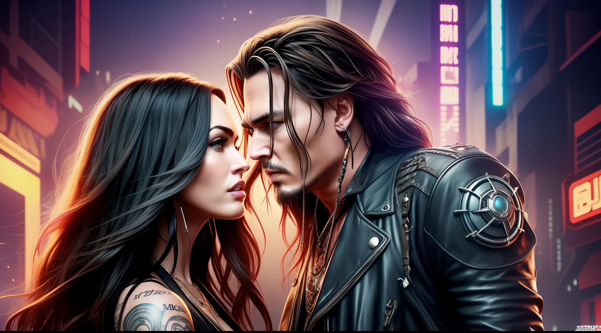 Generate an image depicting Megan Fox kissing Johnny Depp in the following scenario:
Character Jonny Depp Descriptions:
- The character's face should resemble Johnny Depp's with an extremely realistic depiction, ensuring an extremely detailed face representation.
**(realistic) (photorealistic: 1.2) (best quality: 1.2) (detailed face: 1.4)**
- The character should hav long hair reaching waist length.
-Dress the character in a cyberpunk-style outfit.
- Show the character in a full-body view.
Character Megan Fox Descriptions:
- The character's face should resemble Megan Fox's with an extremely realistic depiction, ensuring an extremely detailed face representation.
**(realistic) (photorealistic: 1.2) (best quality: 1.2) (detailed face: 1.4)**
-The character should have brown color almond-shaped eyes. **(beautifully detailed eyes: 1.2)**
- The character's body should match Megan Fox's.
- Dress the character in a cyberpunk-style outfit.
- Show the character in a full-body view.
- The character should have ultra black hair reaching waist length.
Scene Description:
- The scene should capture a passionate kiss between Megan Fox and Johnny Depp.
- The background should have a cyberpunk-inspired setting, featuring futuristic elements and vibrant colors.
- Ensure that the lighting emphasizes the romantic atmosphere of the moment.
Additional Guidelines:
- Pay attention to facial expressions, capturing the emotions of the characters during the kiss.
- Maintain a high level of realism and detail in the image, showcasing the unique features of both Megan Fox and Johnny Depp.
- Consider the appropriate positioning and angles for an aesthetically pleasing composition.
Please generate an image that combines all these elements to create a visually captivating depiction of Megan Fox and Johnny Depp in a romantic and cyberpunk-inspired moment.
